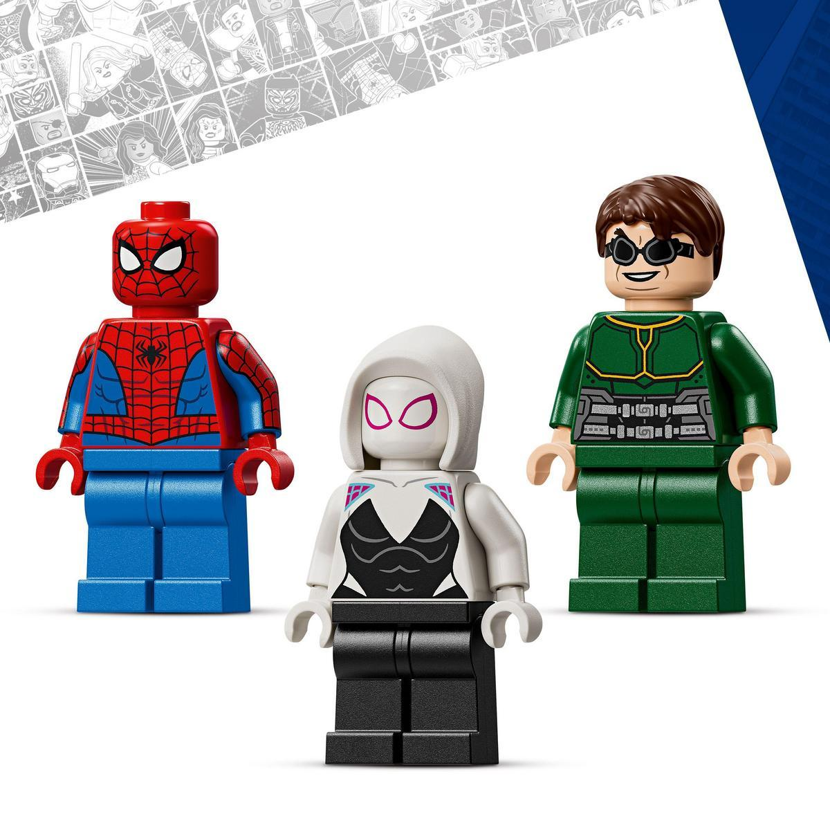 Trzy figurki Lego: Spider-Man, Spider-Gwen i Doctor Octopus. Spider-Man jest czerwono-niebieski, Gwen biało-czarna, a Doc Ock zielony.