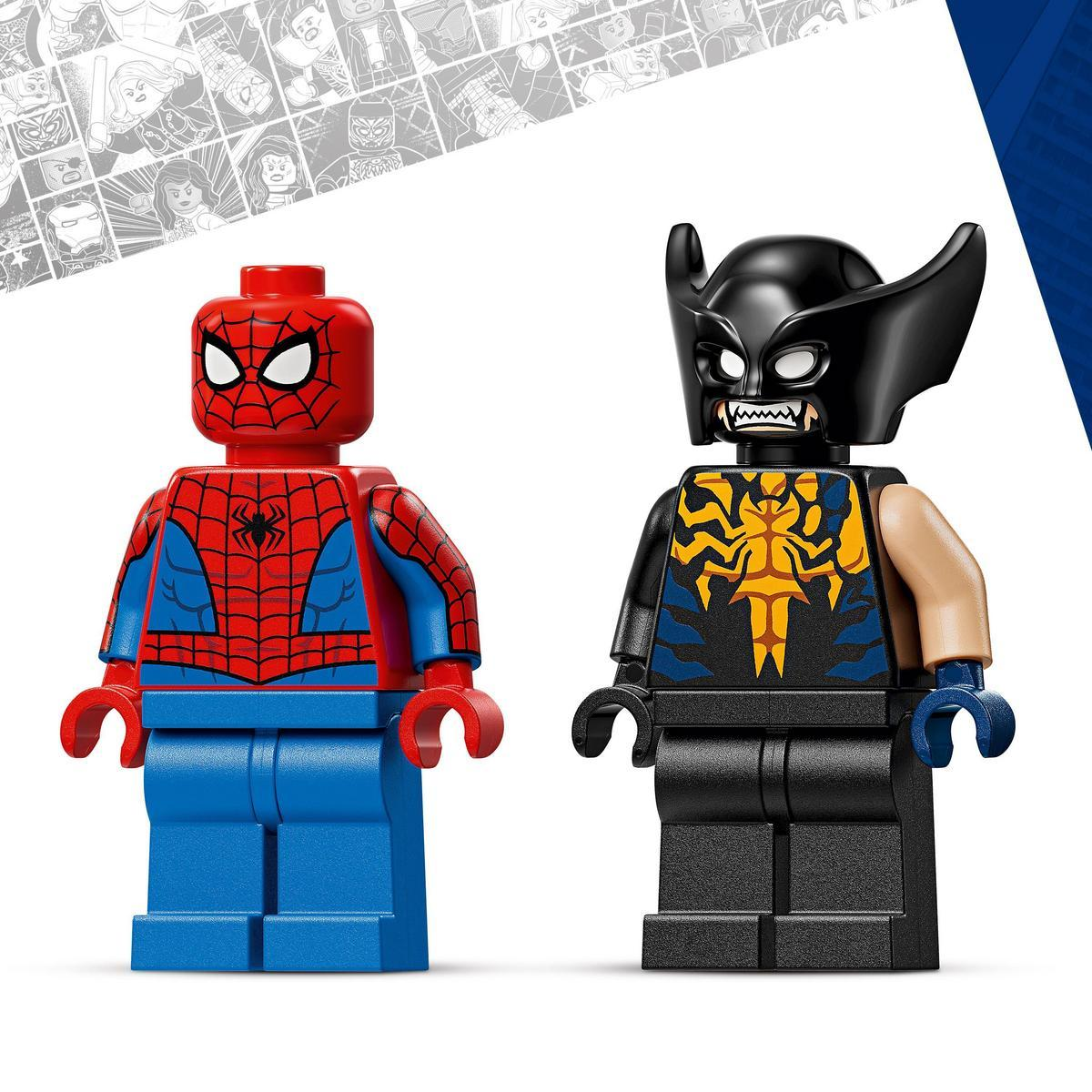Dwie figurki Lego: Spider-Man i Wolverine. Spider-Man jest czerwony i niebieski. Wolverine jest czarny i żółty z czarną maską.