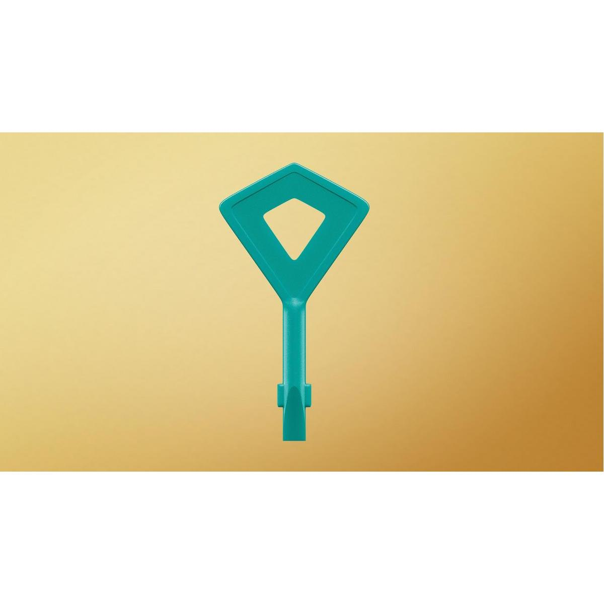 Un objeto teal con forma de llave con una parte superior de diamante y un mango, sobre un fondo dorado.