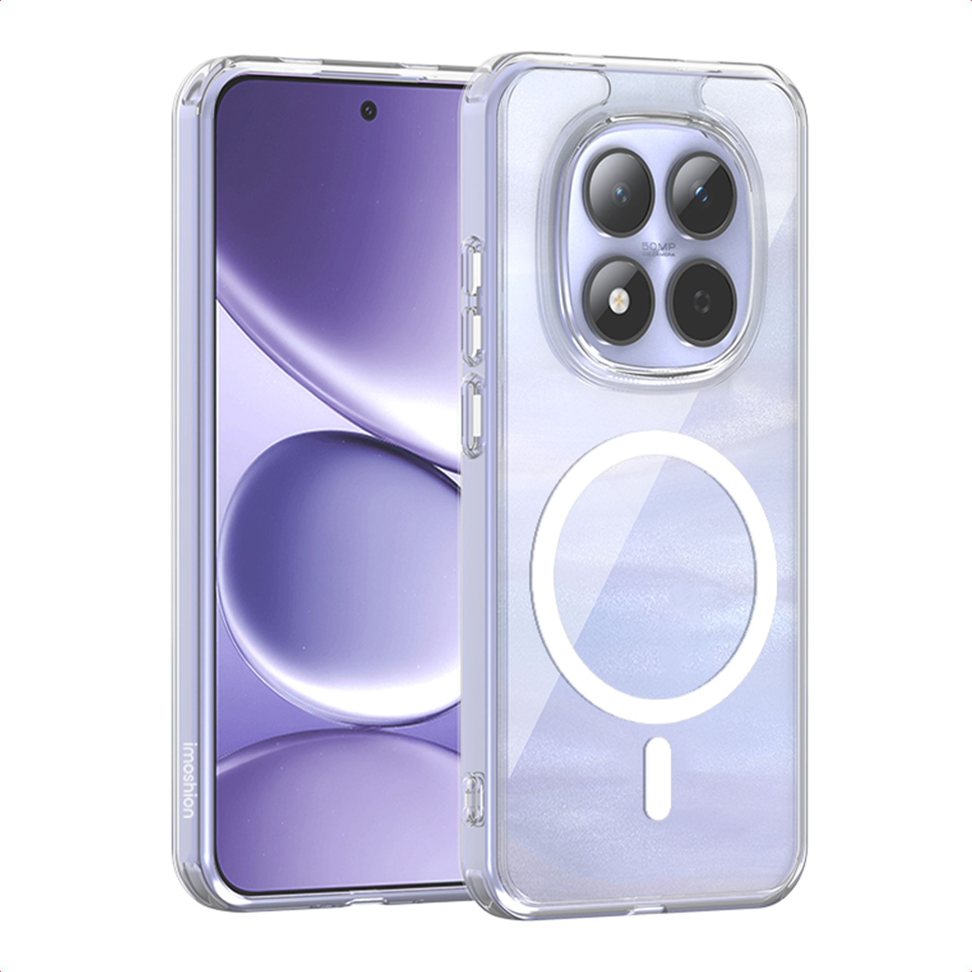 Coque de téléphone transparente. Le téléphone est dans la coque. La coque a un cercle blanc et une ouverture à l'arrière.