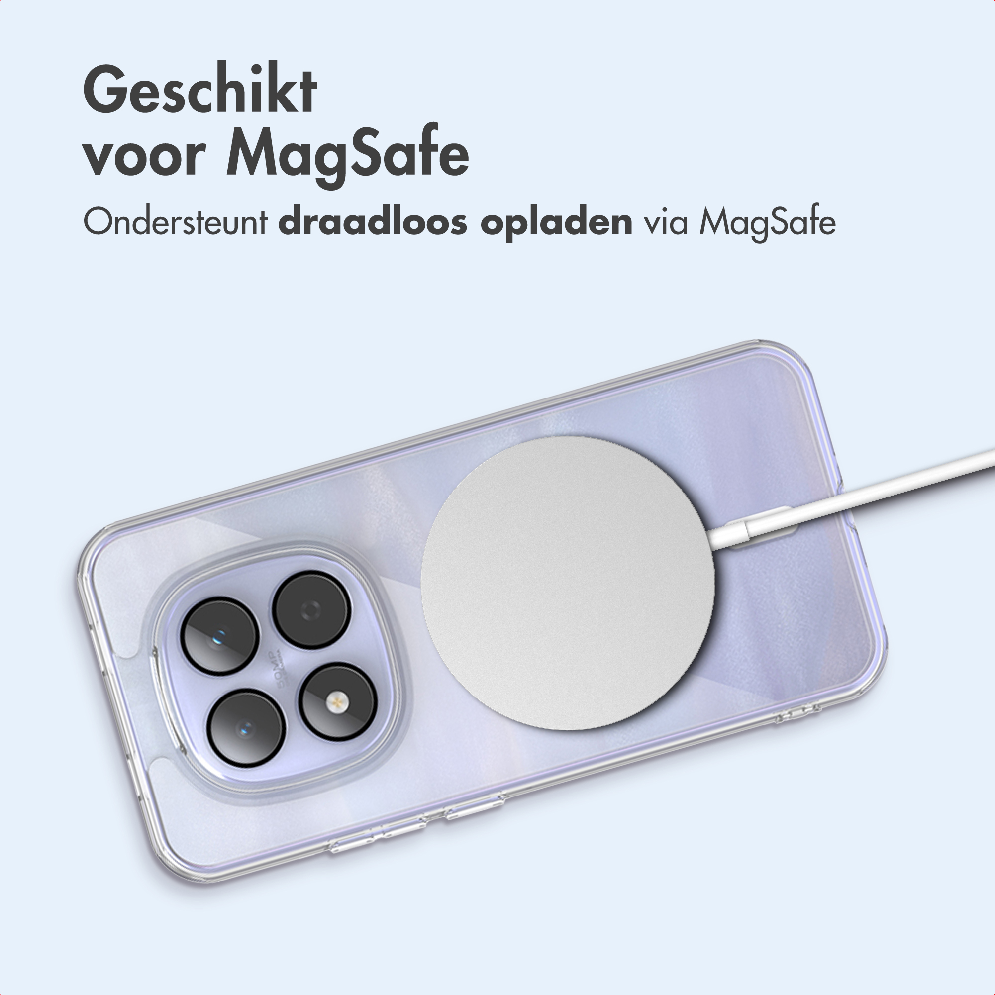 Téléphone avec chargeur MagSafe. Chargeur blanc à l'arrière du téléphone. Texte en haut: Convient pour MagSafe.