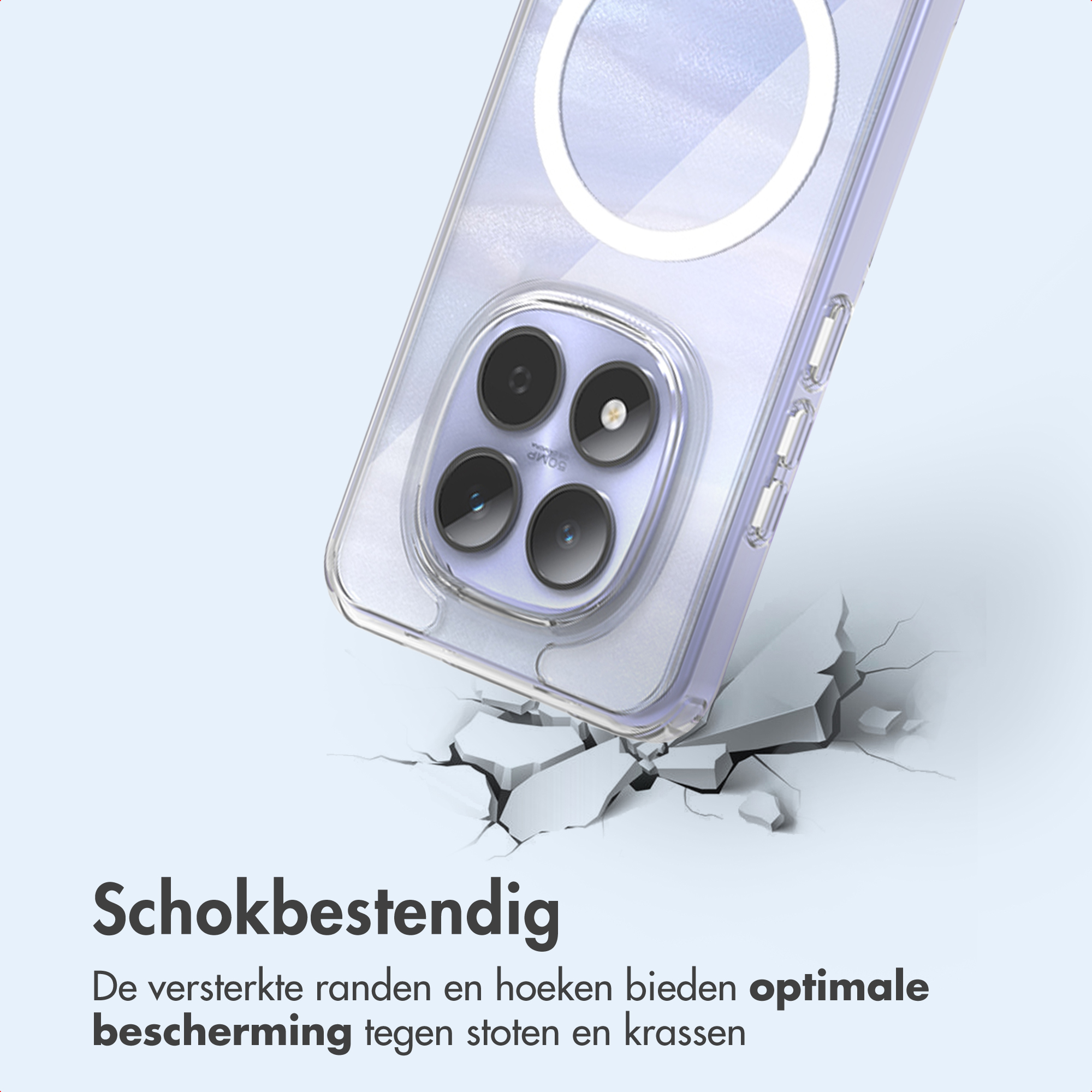 Une coque de téléphone transparente avec un anneau blanc tombe sur une surface fissurée. La coque a quatre objectifs.