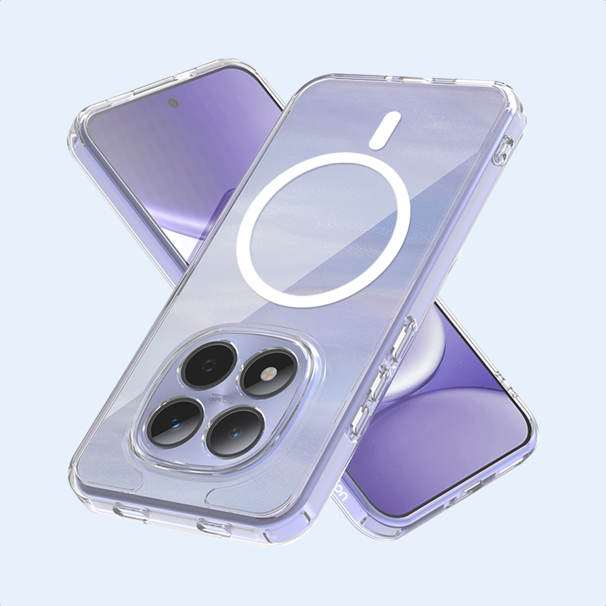 Coques de téléphone transparentes. Une avec un cercle blanc et une barre blanche. Le fond est bleu clair. Le téléphone est violet.
