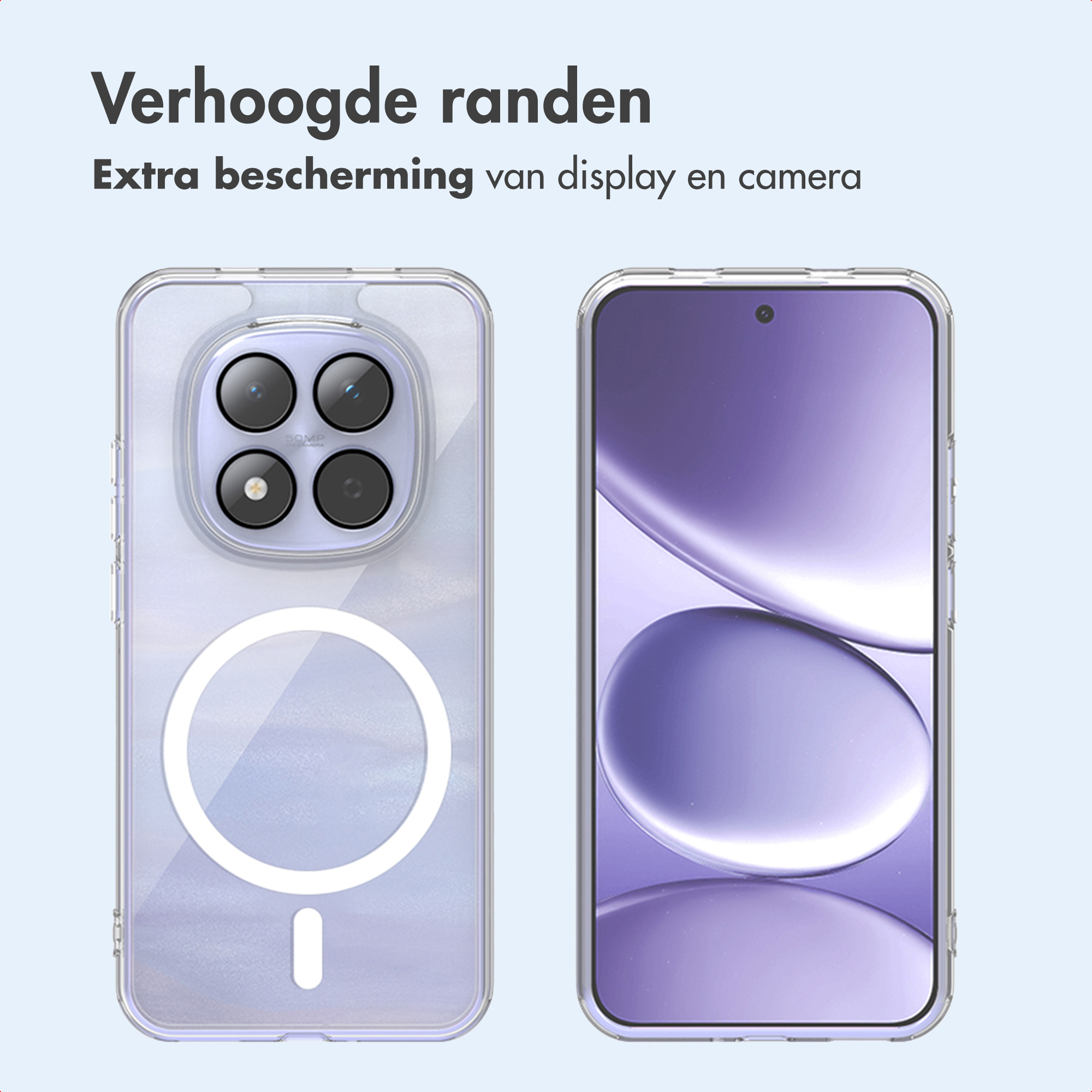 Coques de téléphone transparentes avec bords surélevés. Une montre l'arrière, l'autre l'écran.