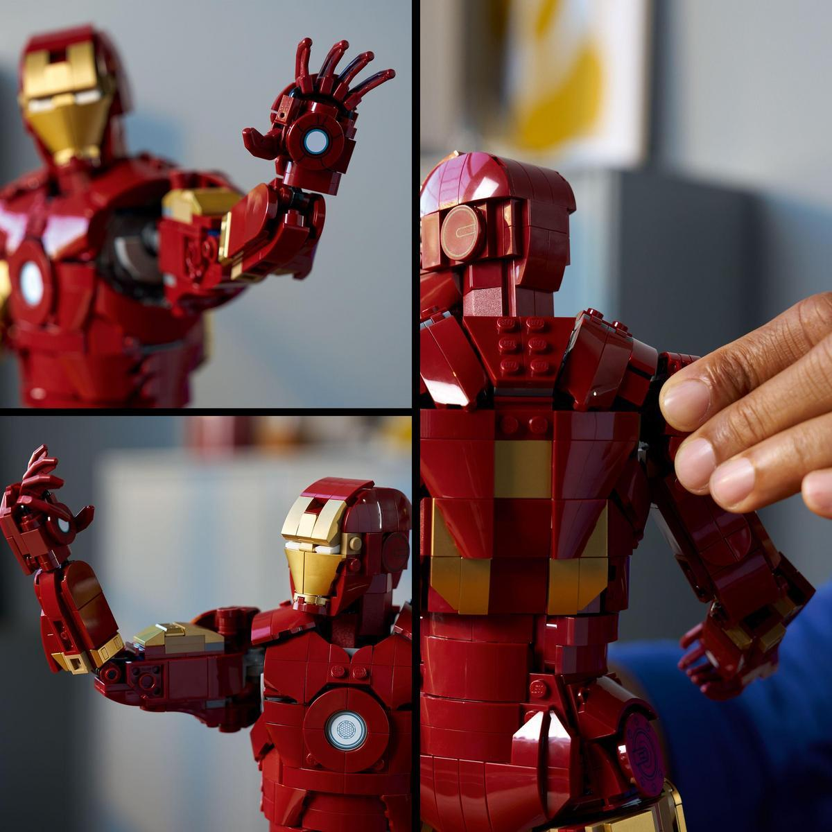 Bir Lego Iron Man figürü çoklu görünümde gösteriliyor. Kırmızı ve altın zırh, eller uzatılmış. Bir el omza dokunuyor.