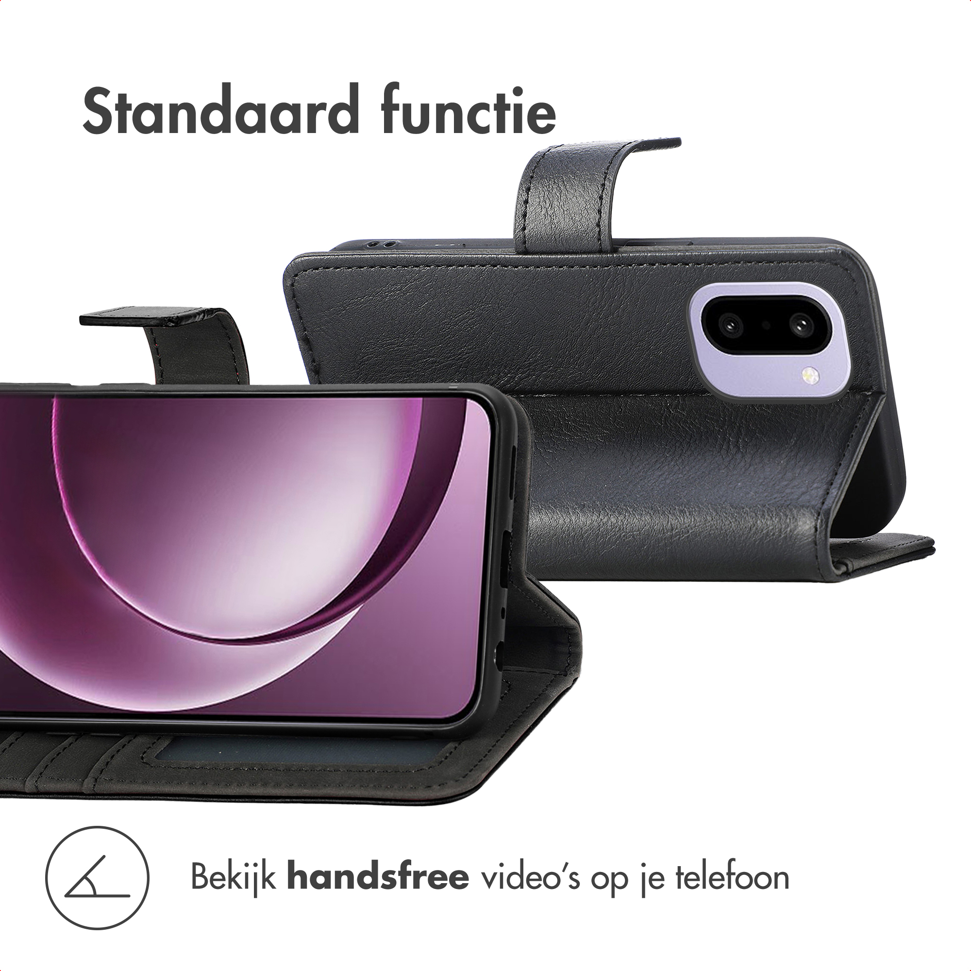 Een telefoonhoesje met een telefoon erin. De hoes is zwart, met een paars scherm. Tekst luidt 'Standaard functie'.