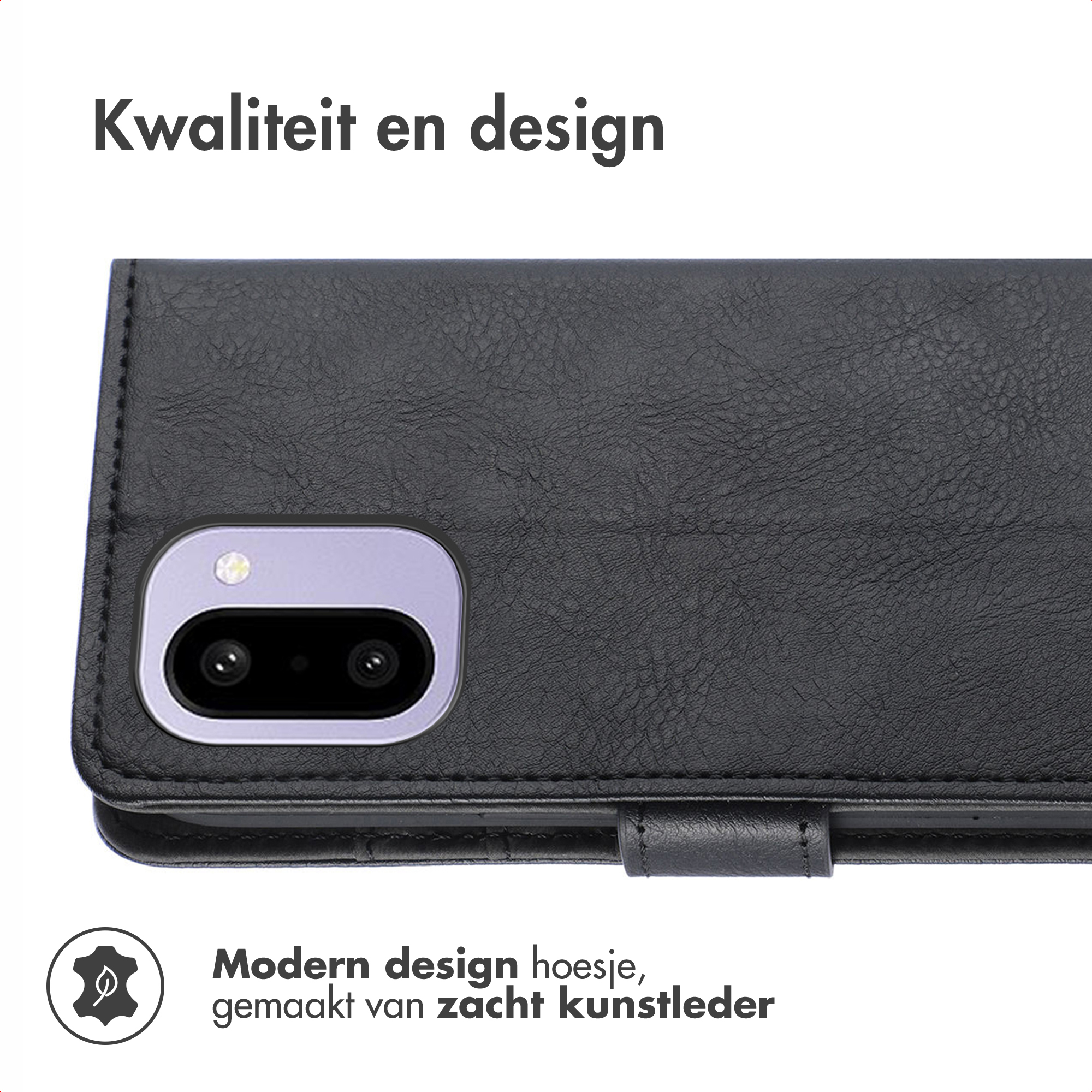 Zwarte leren telefoonhoes met camera-uitsparing. Tekst: 'Kwaliteit en design' en 'Modern design hoesje, gemaakt van zacht kunstleder'.