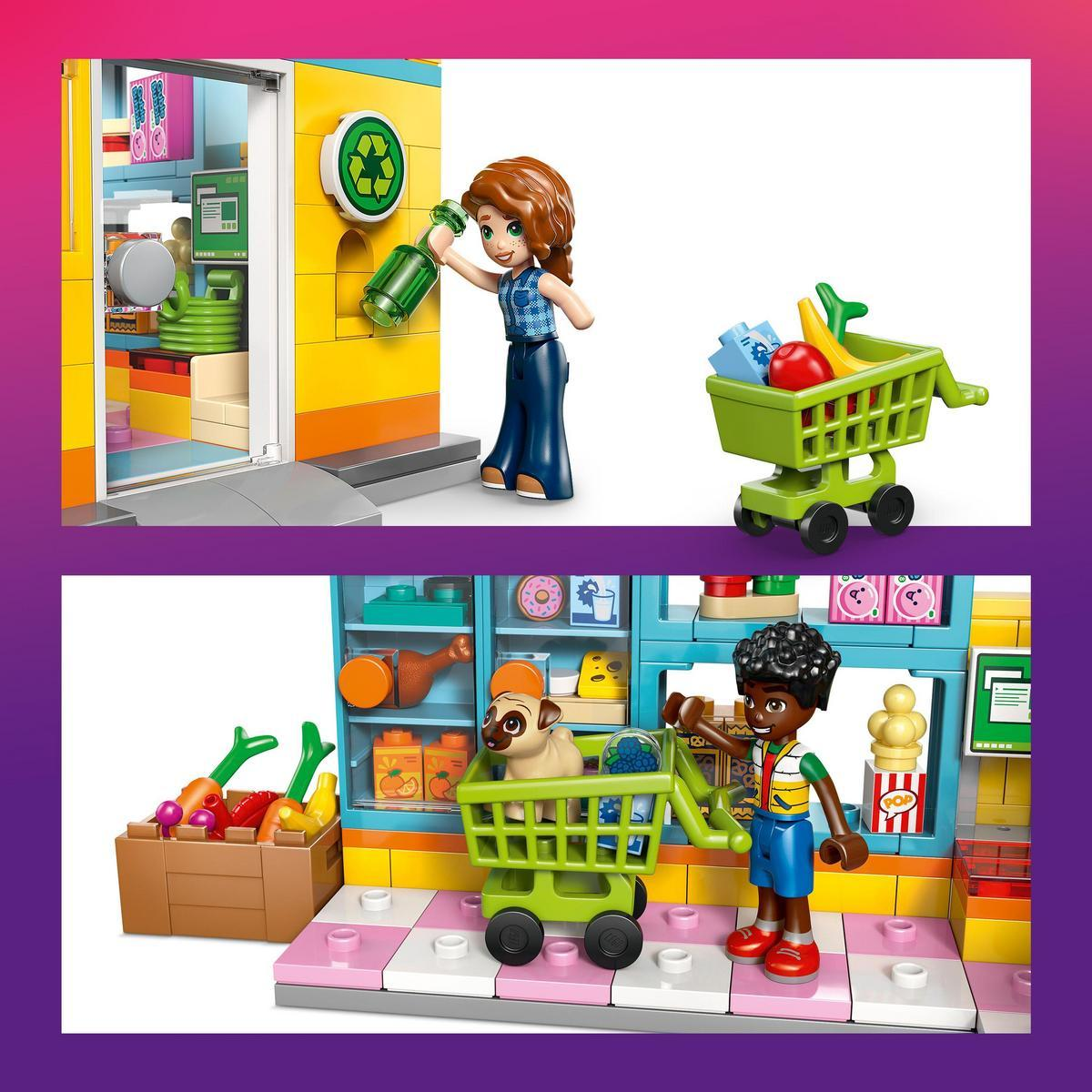Bir Lego süpermarket sahnesi. Bir kadın bir şişeyi geri dönüşüm kutusuna koyuyor. Bir çocuk, bir köpek ile bir alışveriş arabasını itiyor.