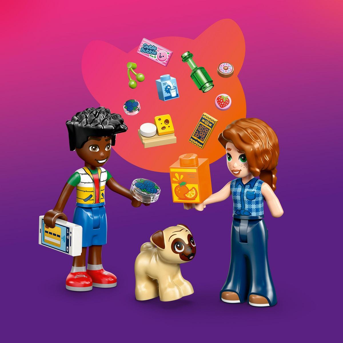 Yiyecek tutan bir köpek ile iki Lego figürü. Arka plan yiyecek simgeleri içerir. Sahne mor bir arka plan üzerinde geçiyor.