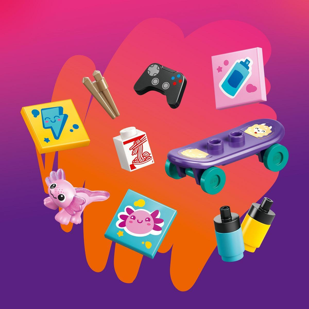 La imagen muestra varios objetos de Lego: monopatín, gamepad, ajolote, baldosas cuadradas, botellas y palillos. Colores: morado, amarillo y azul.
