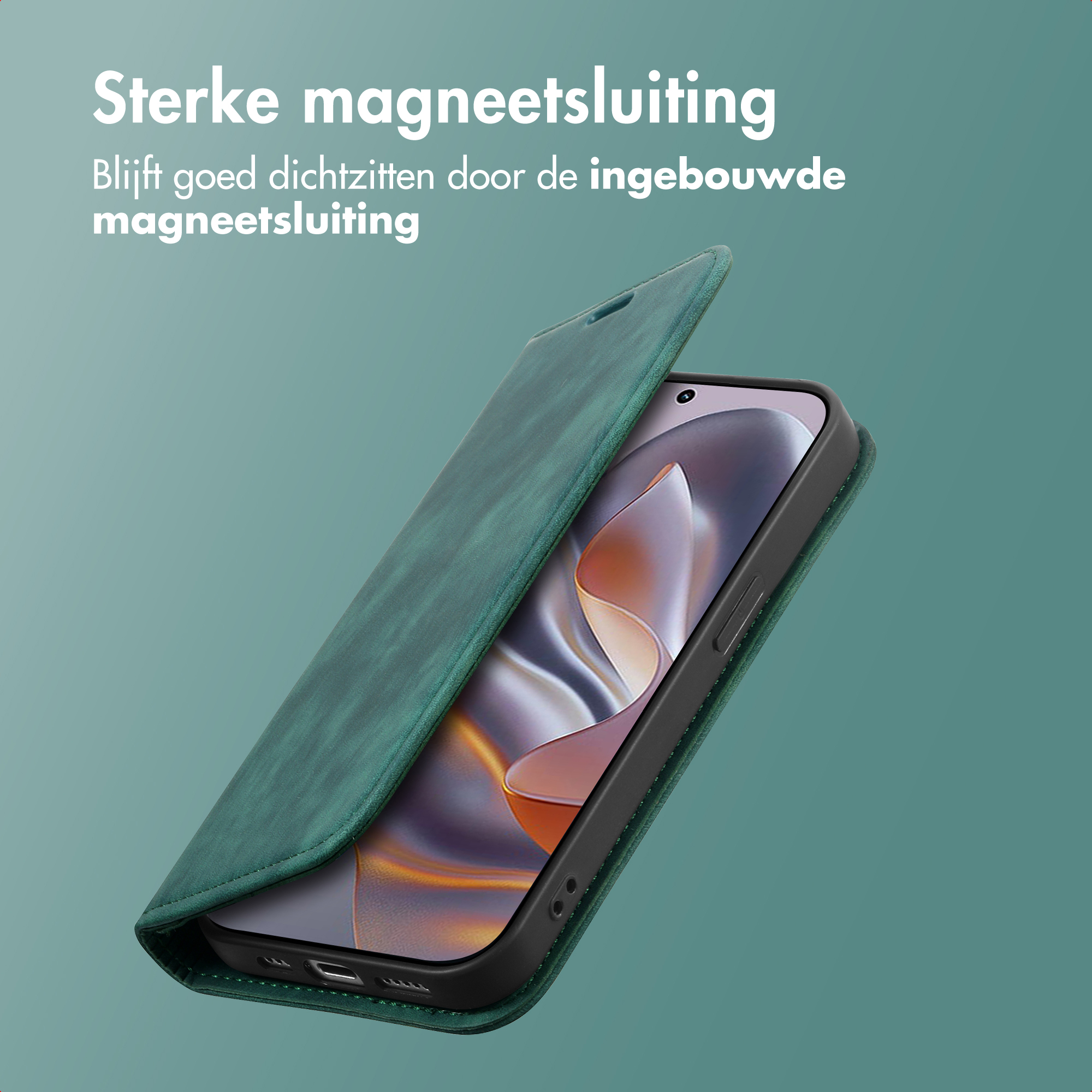 Étui de téléphone vert avec fermeture magnétique, ouvert pour révéler l'écran. Texte en haut.