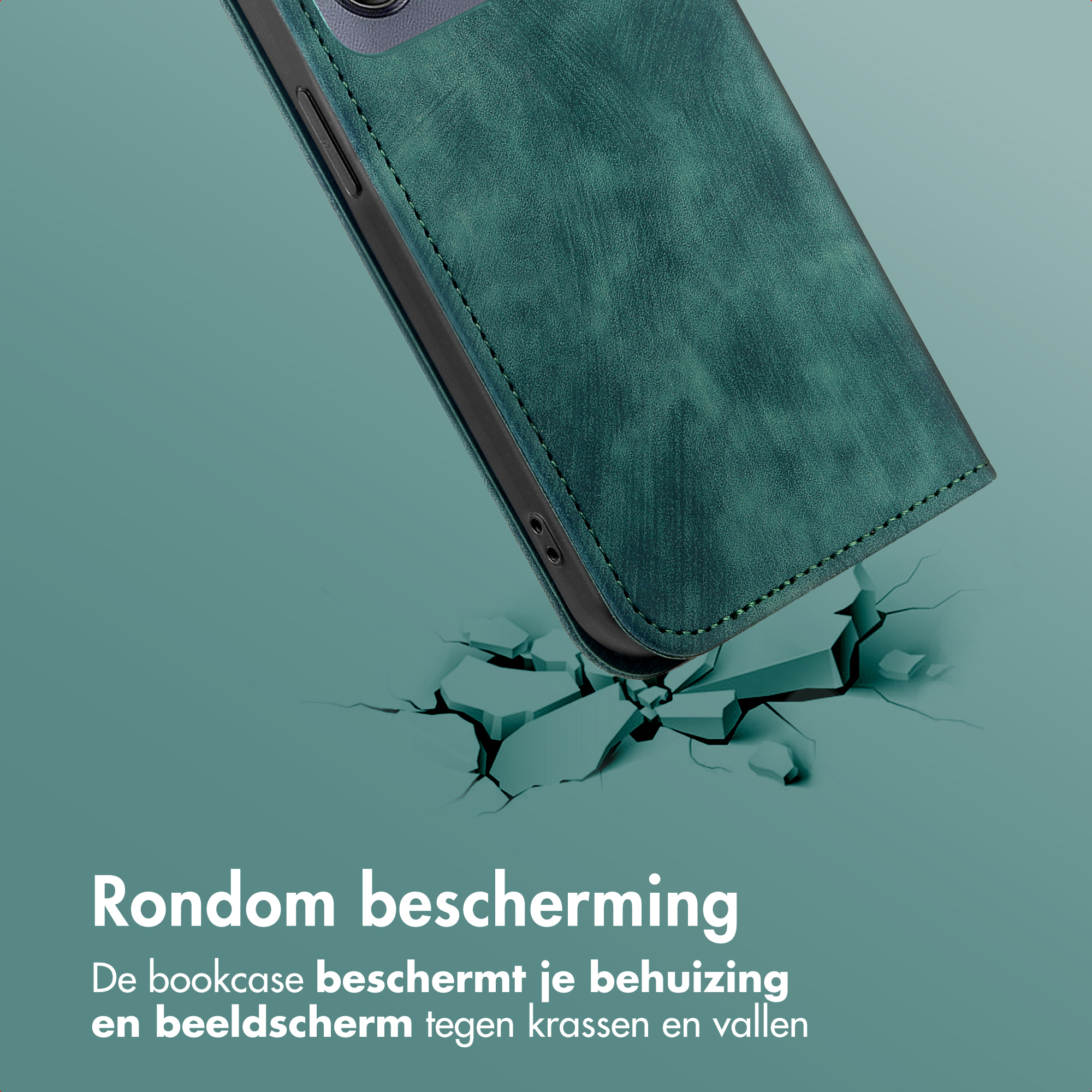 Un étui de téléphone vert semble briser le sol. Le texte dit : 'Protection complète'.