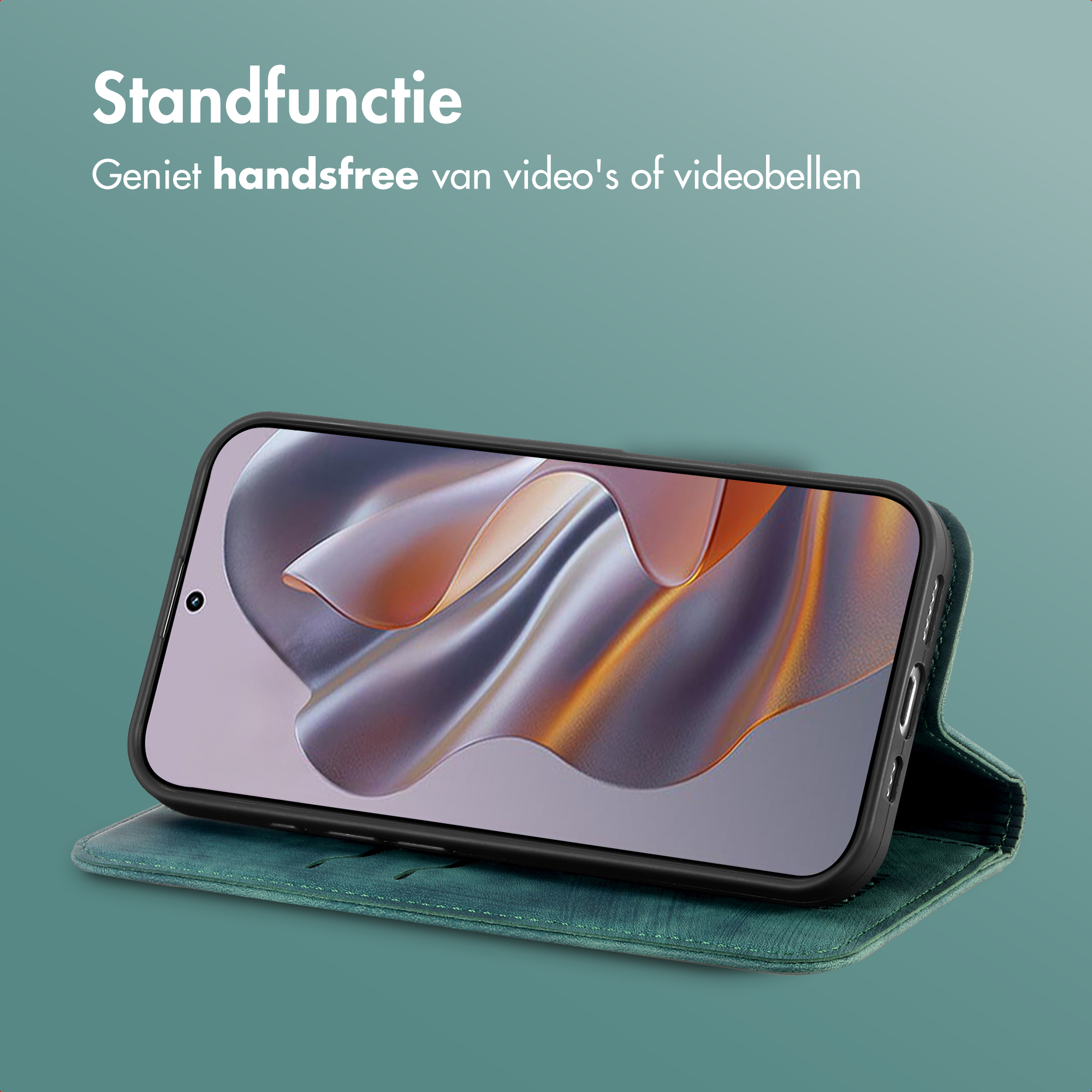Un téléphone dans un étui vert est soutenu. L'écran affiche un motif coloré. Texte : 'Standfunctie'.