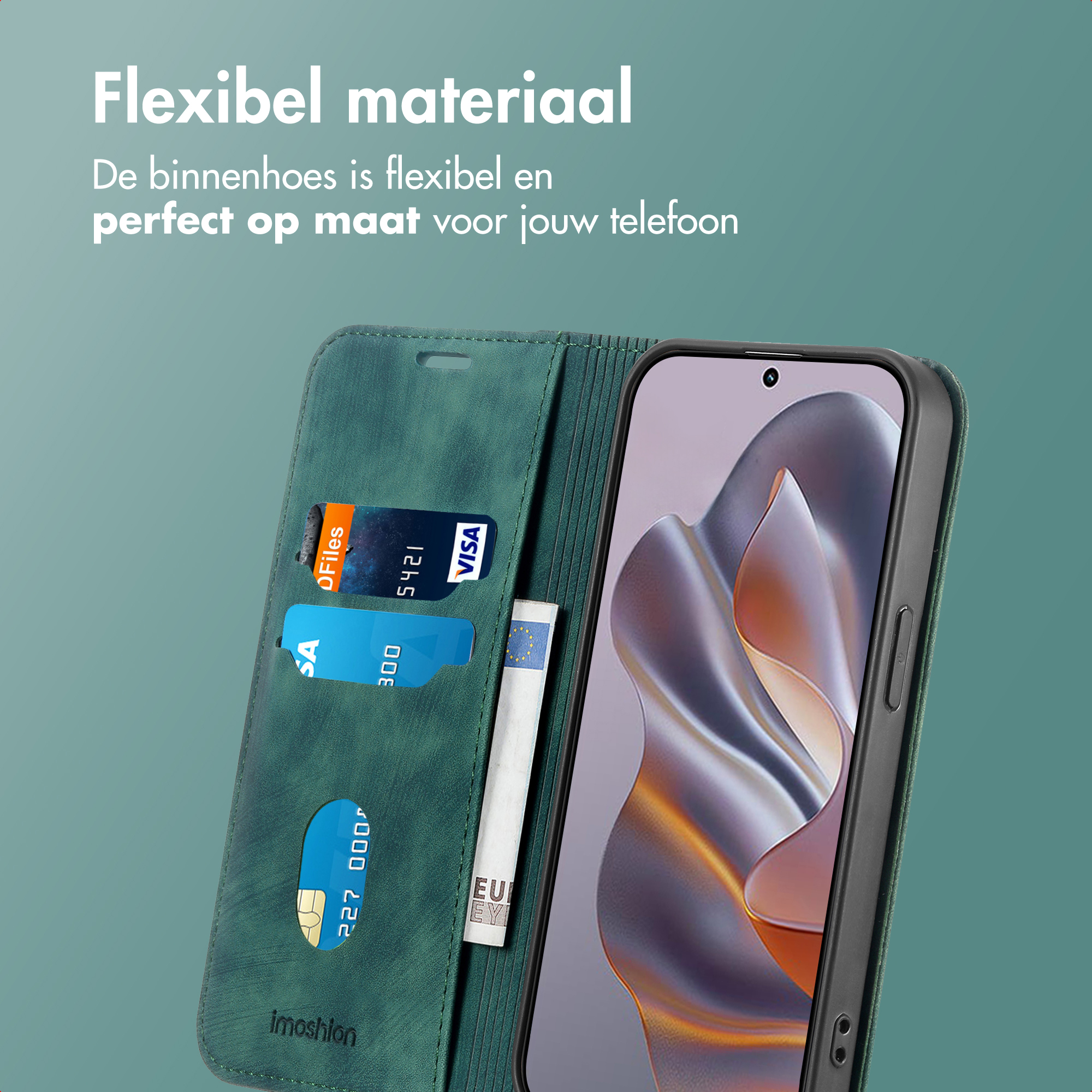 Un étui de téléphone avec un téléphone à l'intérieur. Il a des fentes pour cartes avec des cartes et un billet en euros.