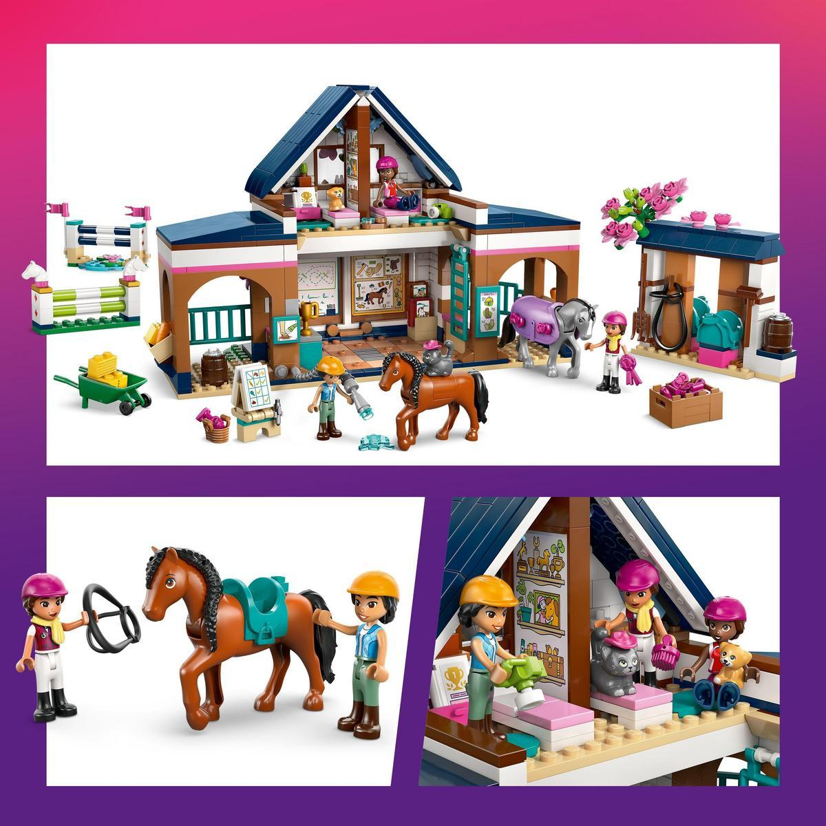 Set de Lego que representa un establo con figuras, caballos y accesorios. Incluye un caballo, gato, perro y varios elementos del establo.