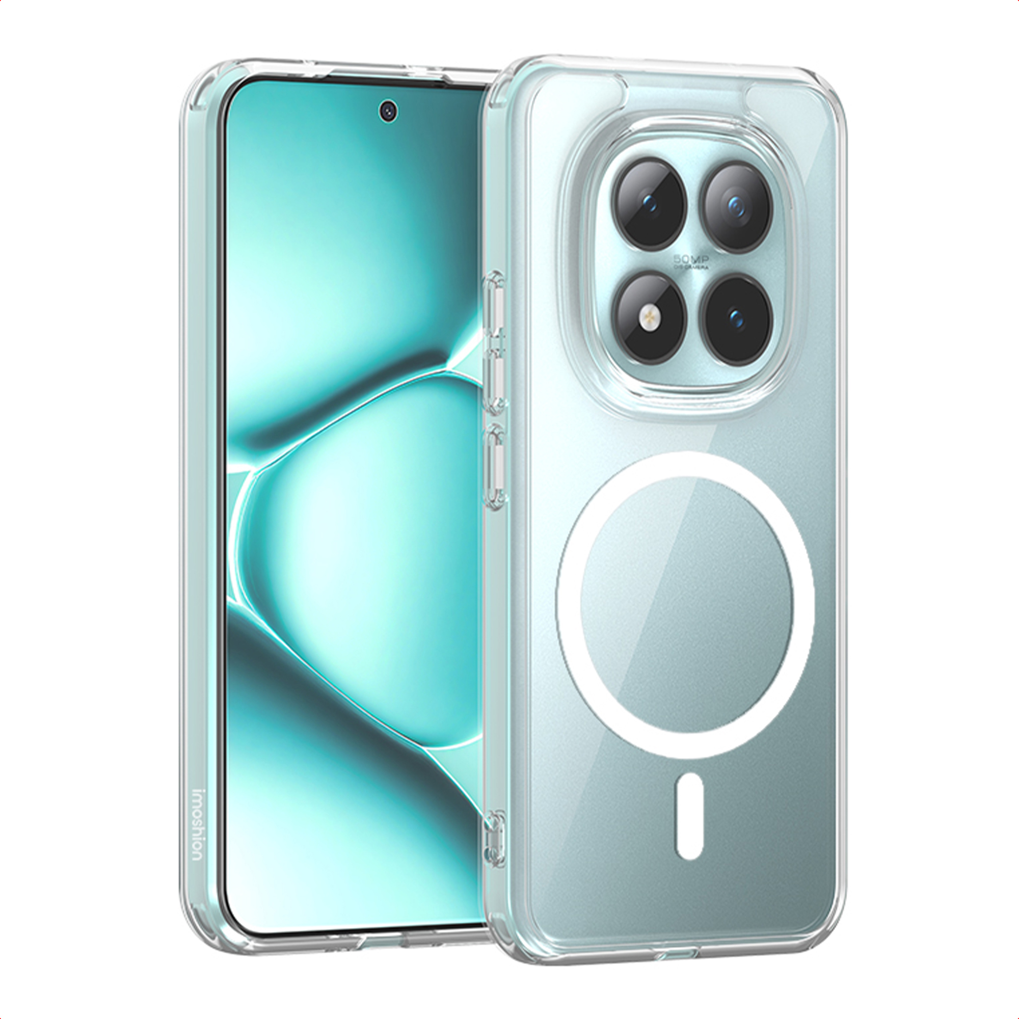 Een doorzichtige telefoonhoes met een telefoon erin. De hoes heeft een uitsparing voor de camera en een wit cirkelvormig ontwerp.