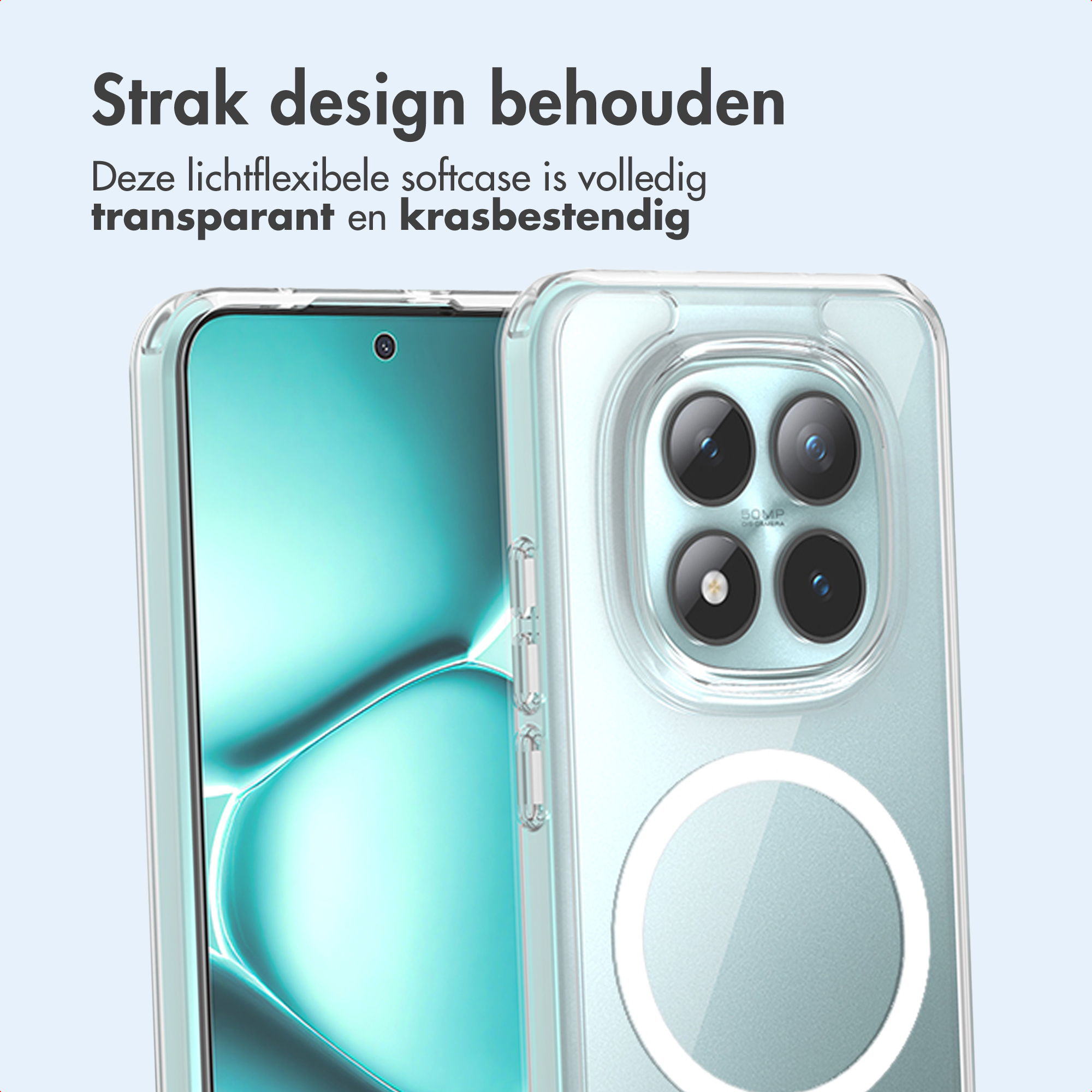 Transparante telefoonhoes. Toont scherm en camera. Tekst: Strak design behouden.