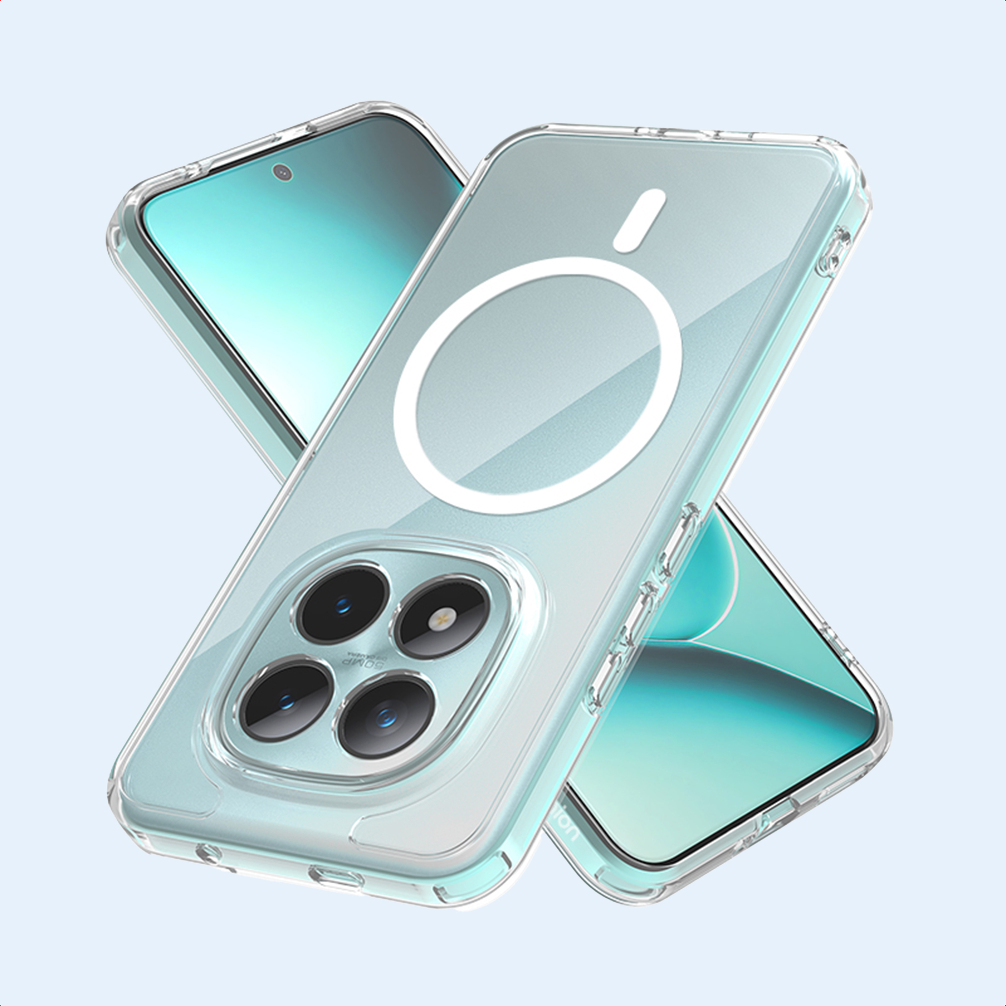 Transparante telefoonhoes met een witte ring en een telefoon erin. Lichtblauwe achtergrond.