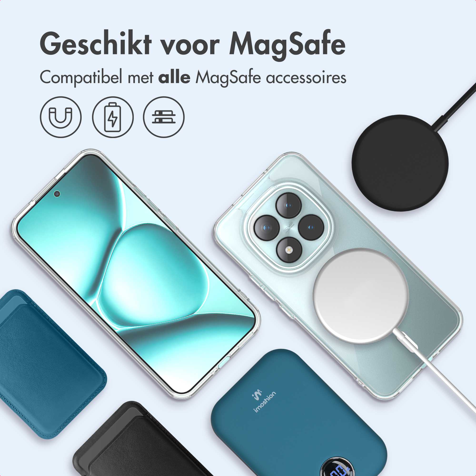 Afbeelding toont telefoons, opladers en accessoires met MagSafe-compatibiliteit. Kleuren zijn blauw, zwart en wit.