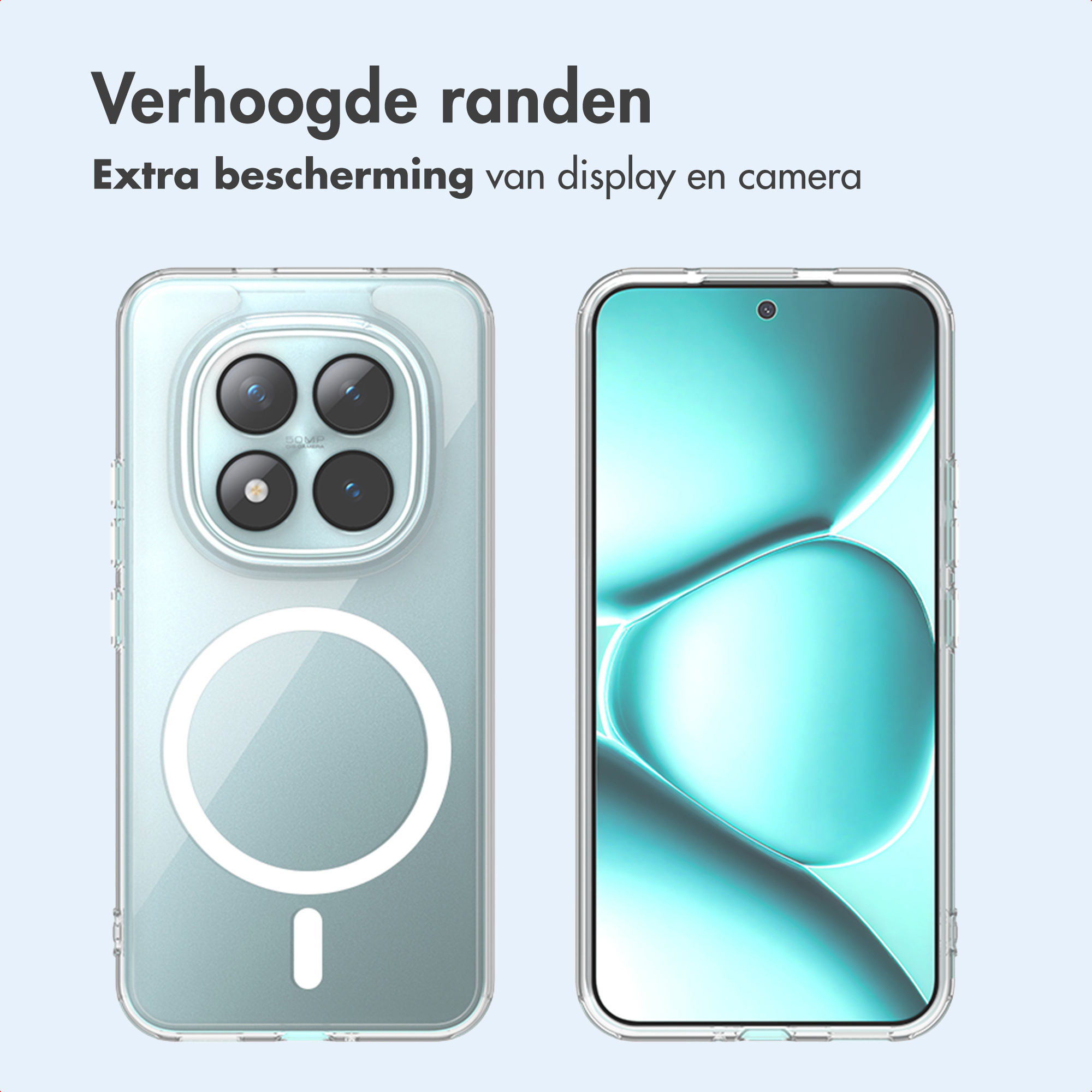 Afbeelding toont twee telefoons met doorzichtige hoesjes. Tekst vermeldt extra bescherming voor het scherm en de camera.