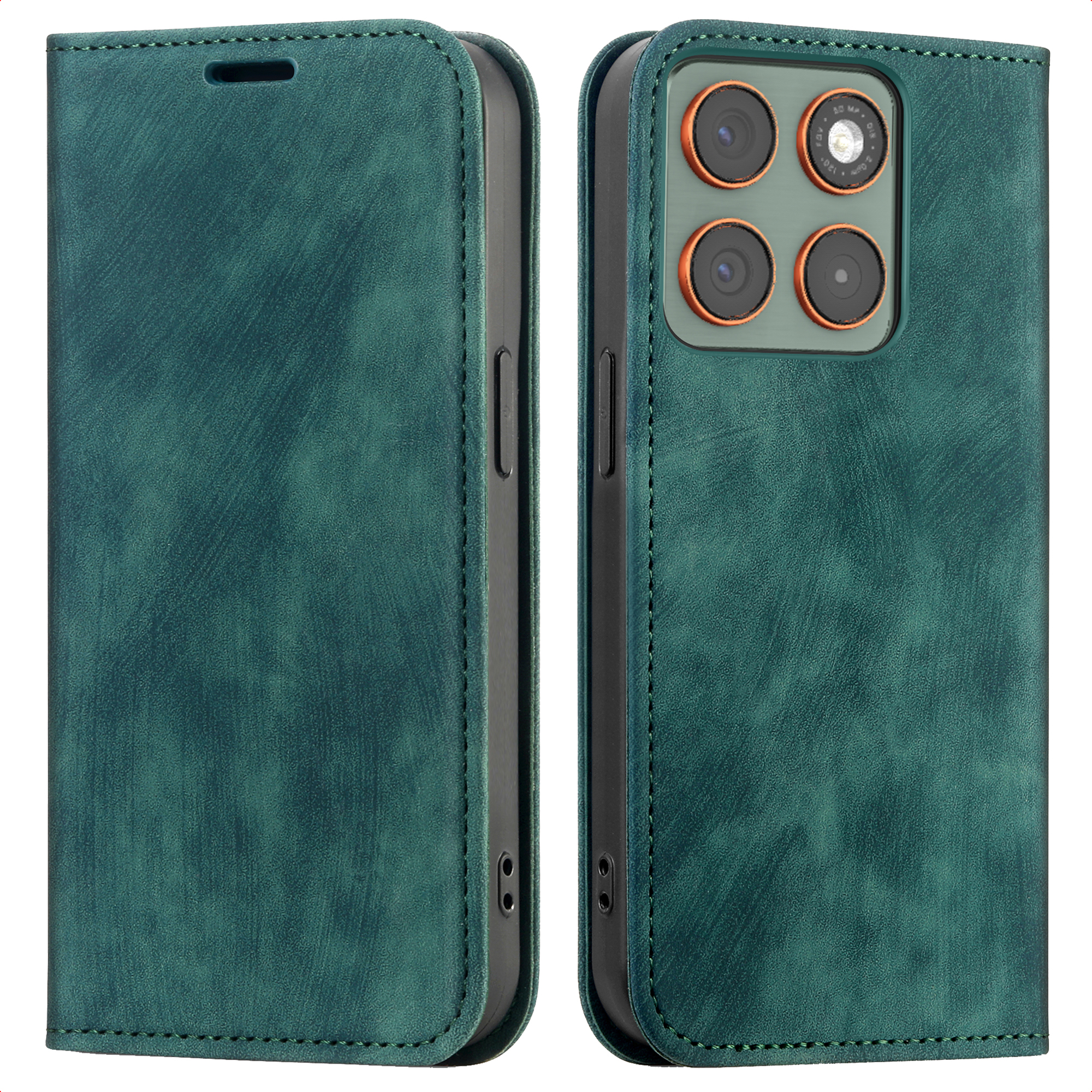 Étui de téléphone en cuir vert, ouvert. Montre le module caméra du téléphone. Le fond est blanc.