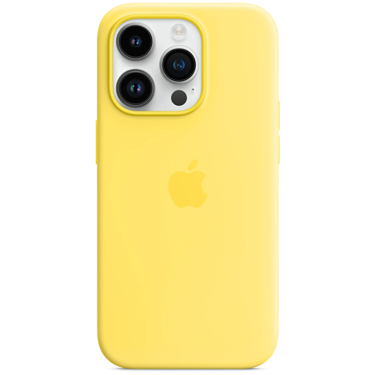Een gele iPhone-hoes met drie cameralenzen en een Apple-logo. De achtergrond is wit.