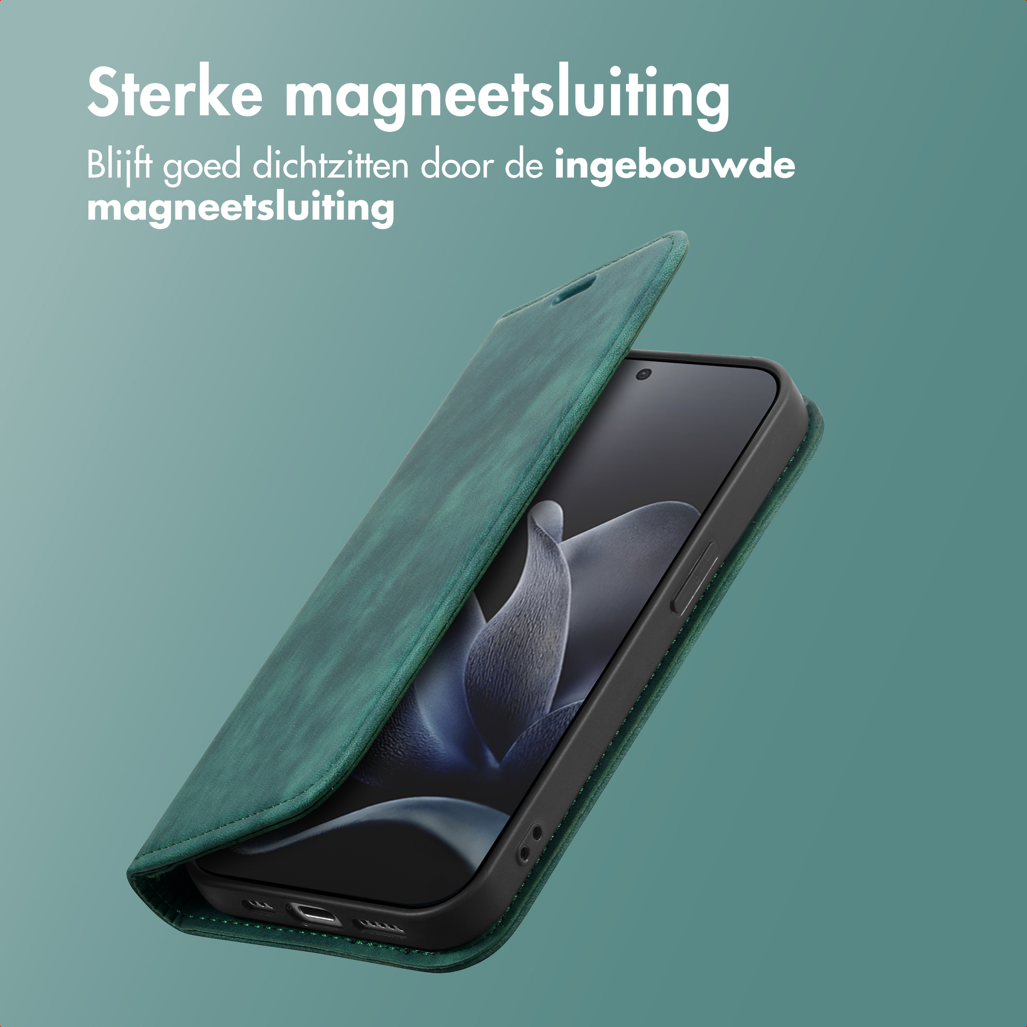 Étui de téléphone vert avec téléphone à l'intérieur, ouvert, sur fond turquoise. Texte en haut : 'Fermeture magnétique forte'.