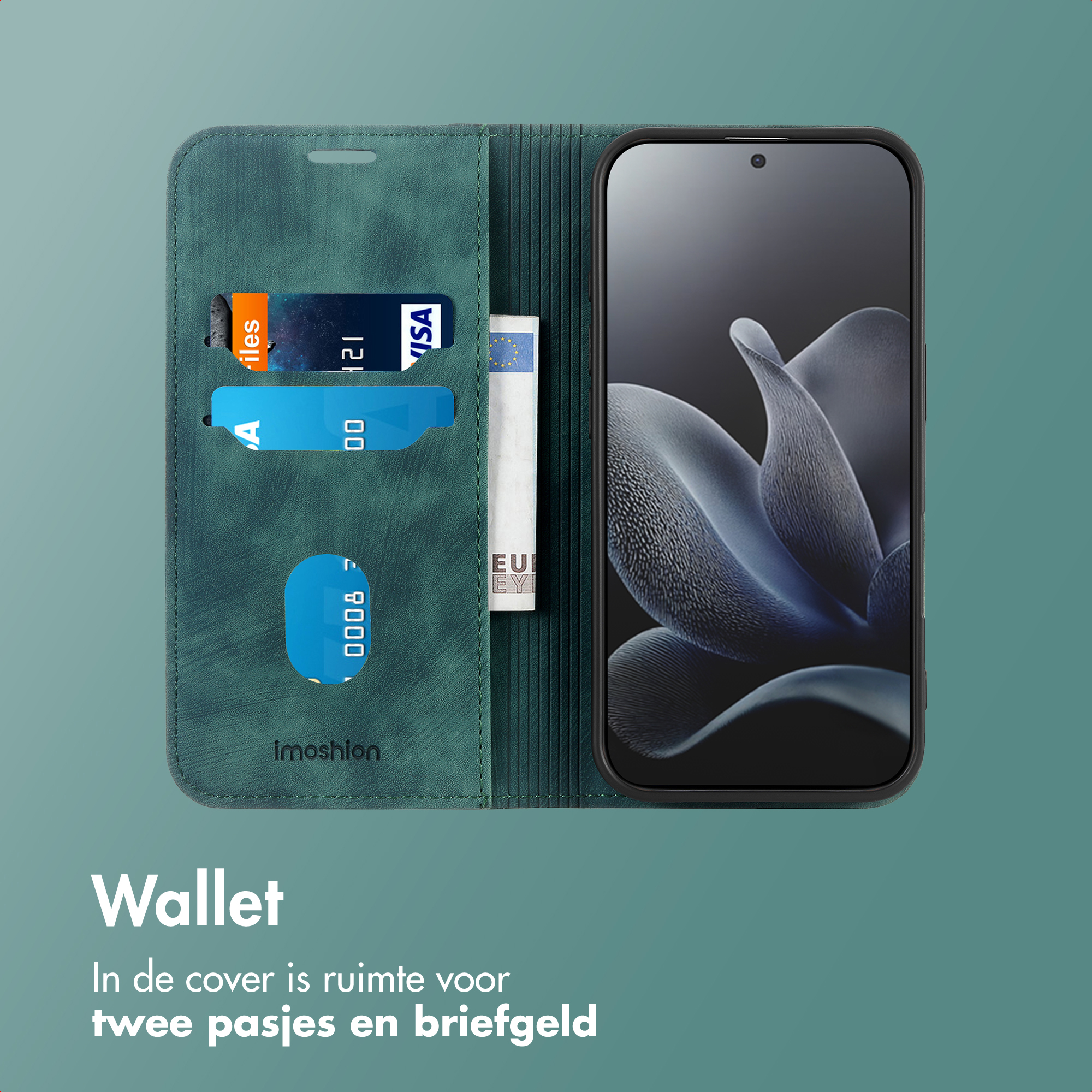 Un étui de téléphone avec un téléphone et des emplacements pour cartes, de couleur sarcelle. Le téléphone affiche un motif floral sur l'écran.