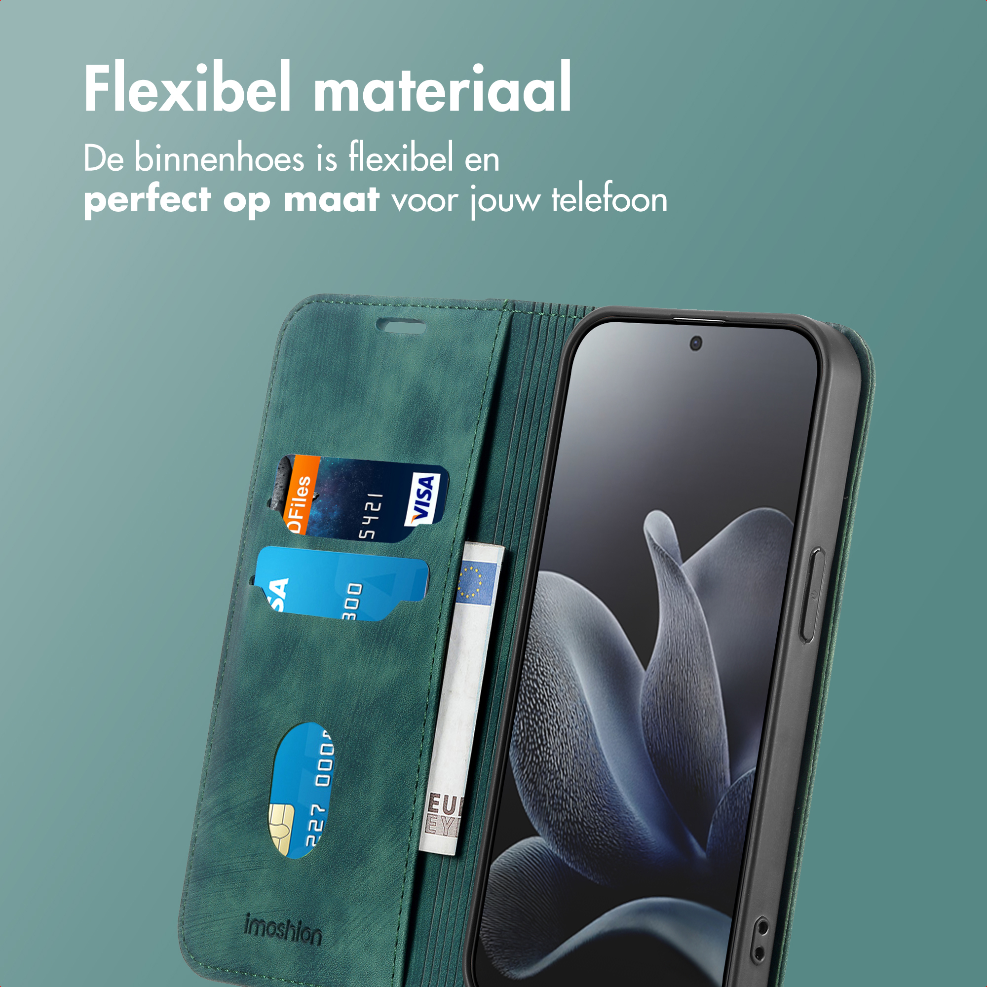 Un étui de téléphone avec un téléphone à l'intérieur, des cartes et un billet. L'étui est vert. Texte : matériau flexible.