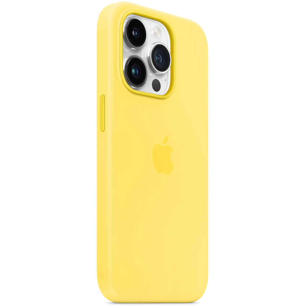 Een gele iPhone-hoes met drie cameralenzen. Het Apple-logo is zichtbaar. De hoes staat op een witte achtergrond.