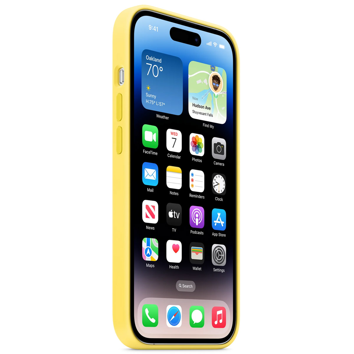 Een iPhone met een gele hoes toont het startscherm. Weer- en kaartwidgets zijn zichtbaar, samen met app-pictogrammen.