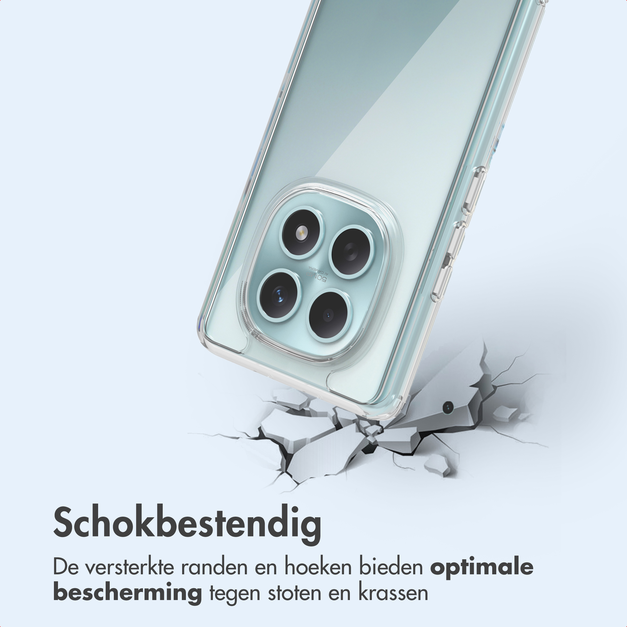 Een telefoonhoesje wordt getoond, met een telefoon erin. De hoes valt, met een scheureffect op de vloer. Tekst onderaan.