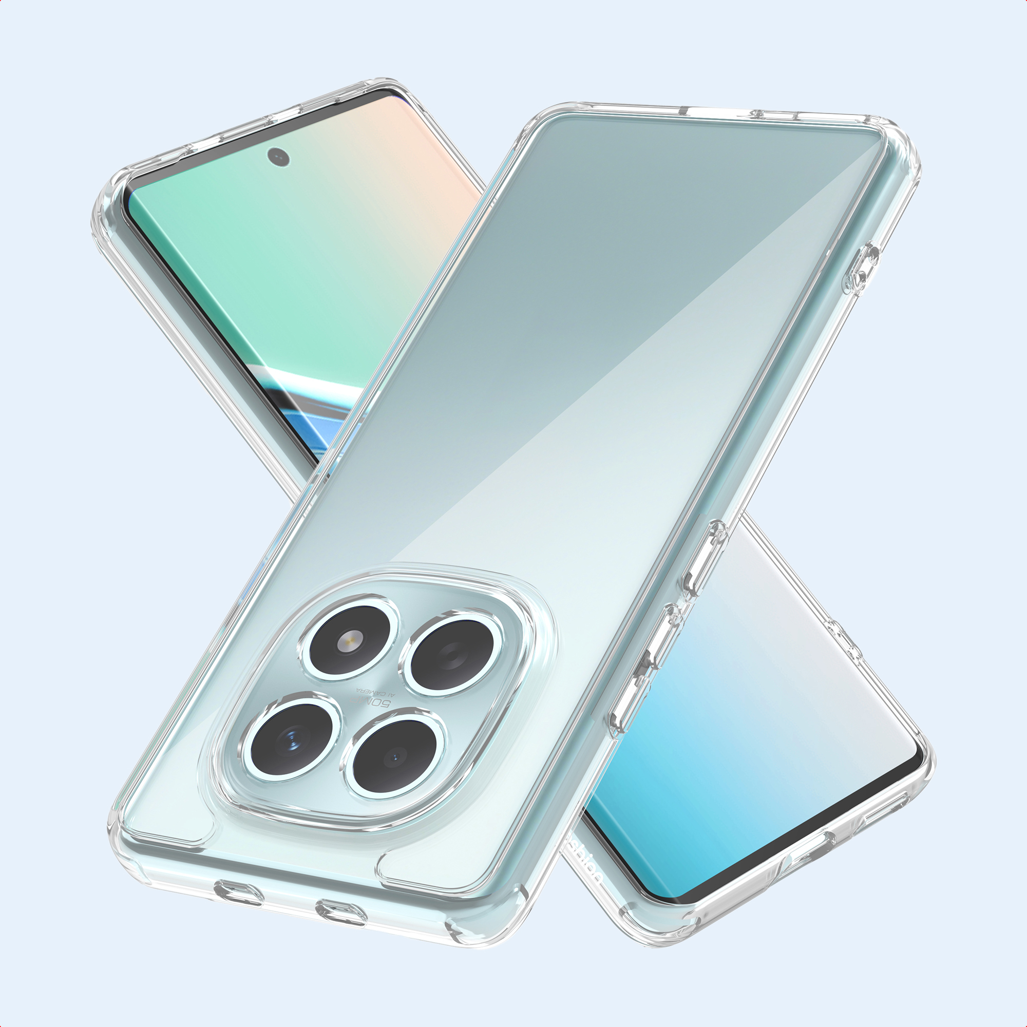 Twee transparante telefoonhoesjes, één overlappend. De telefoons hebben meerdere cameralenzen.