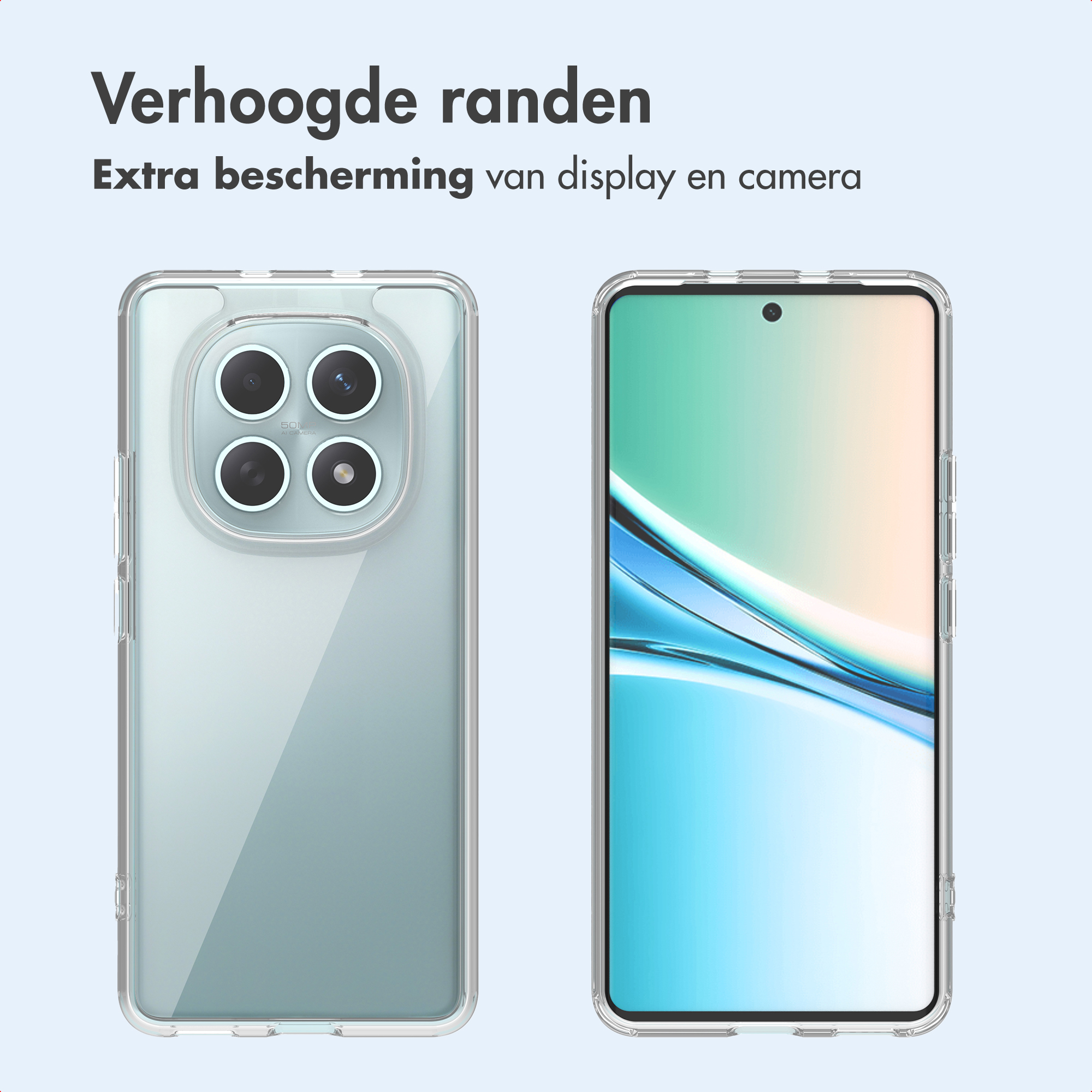 Twee telefoons in doorzichtige beschermhoezen. Eén toont de achterkant met camera's, de ander het scherm.