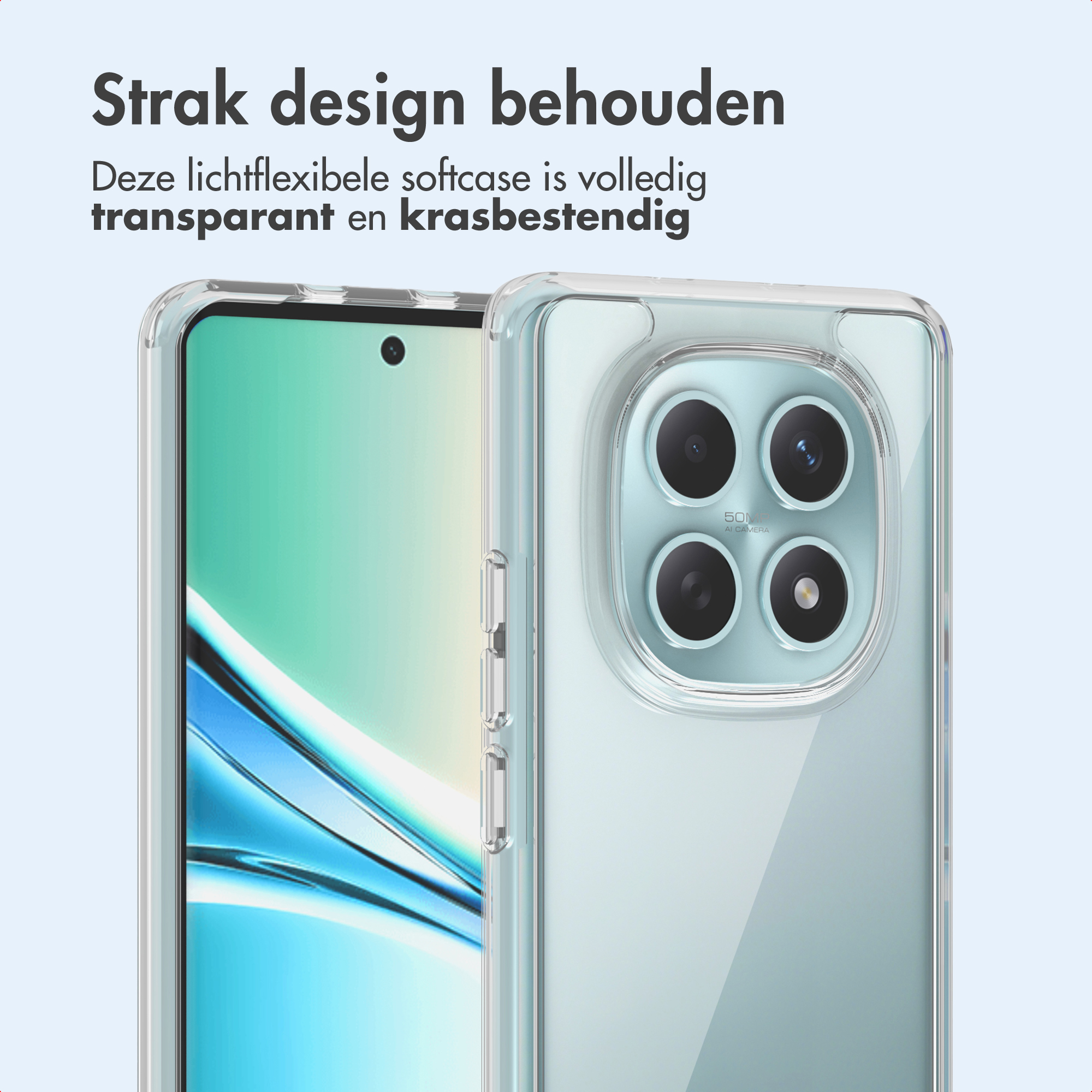 Transparante telefoonhoes op een telefoon. De hoes is transparant en beschermt de telefoon, heeft camera-uitsparingen.