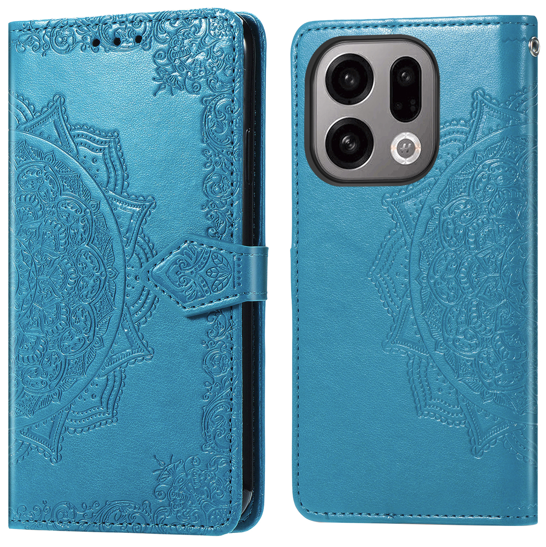 Een turkooizen telefoonhoesje met een bloemreliëf. Het hoesje is open en toont de telefoon en de binnenkant.