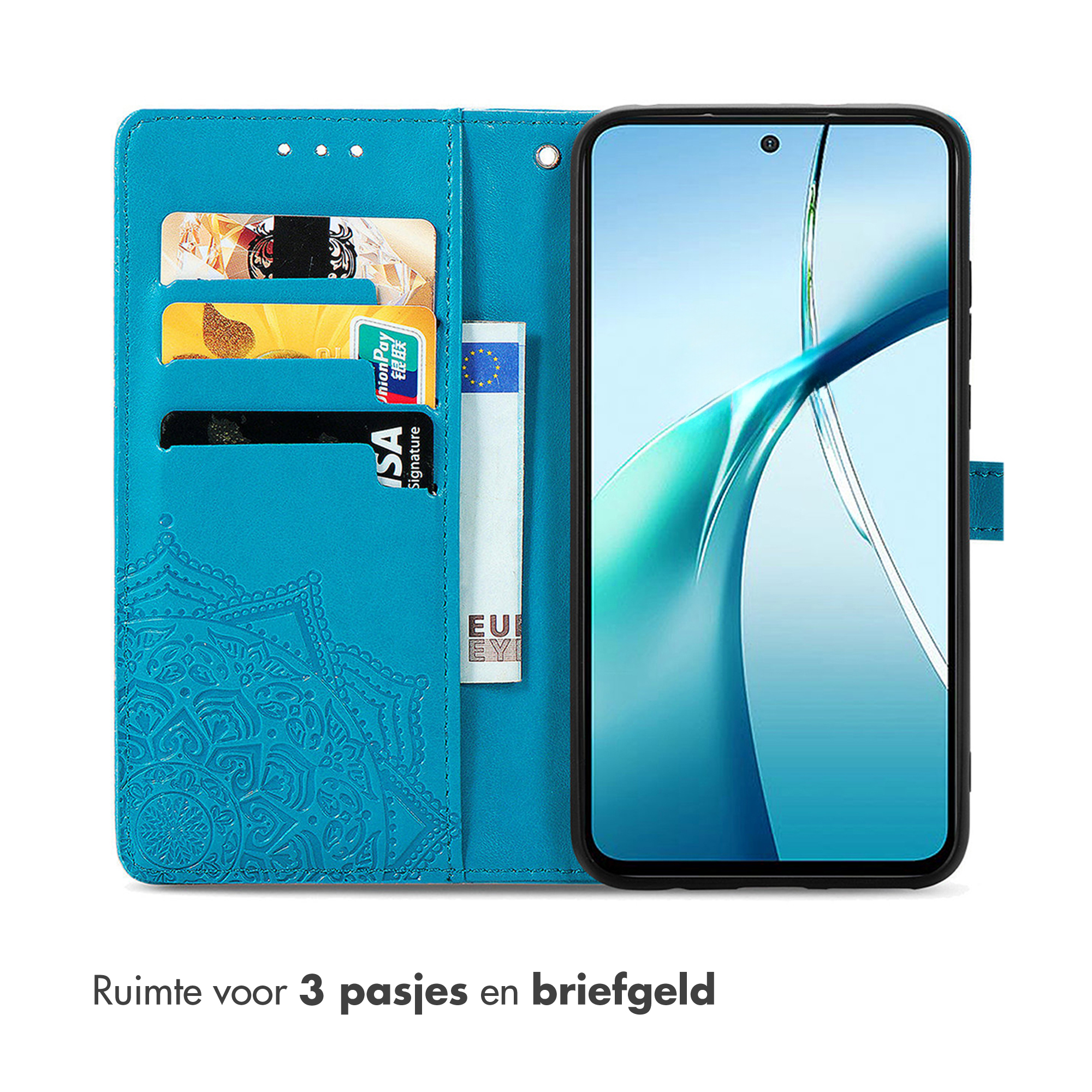 Een turkooizen telefoonhoesje met kaartsleuven en een telefoon. De tekst zegt 'Ruimte voor 3 kaarten en contant geld'.