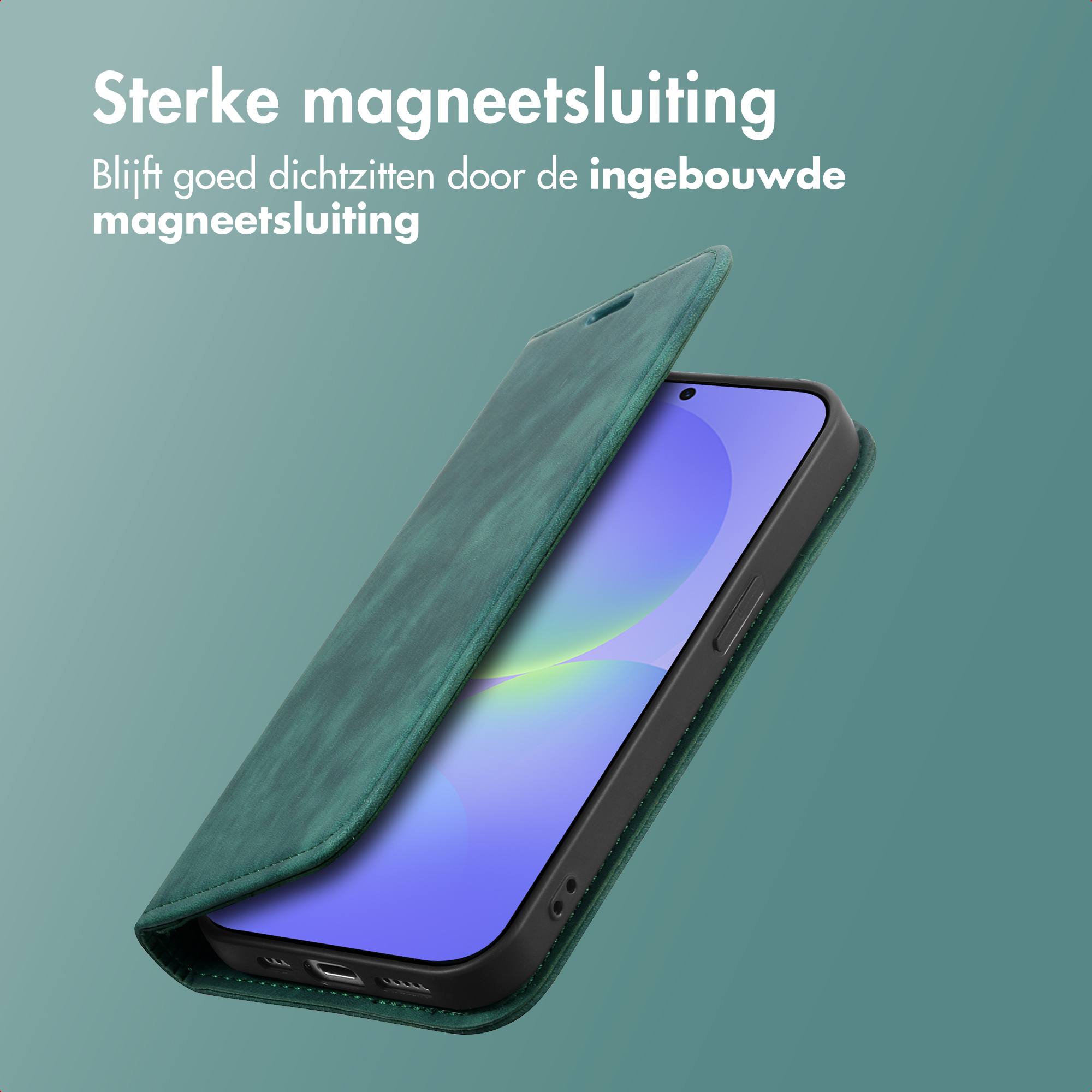 Groene telefoonhoes met magnetische sluiting. Telefoonscherm zichtbaar. Blauwgroene achtergrond. Tekst bovenaan.