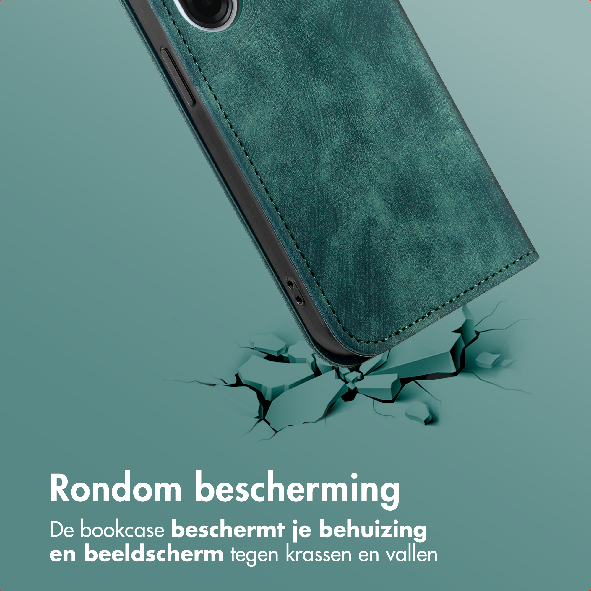 Groene telefoonhoes op gebarsten oppervlak. Tekst: 'Rondom bescherming', beschermt tegen krassen en vallen.