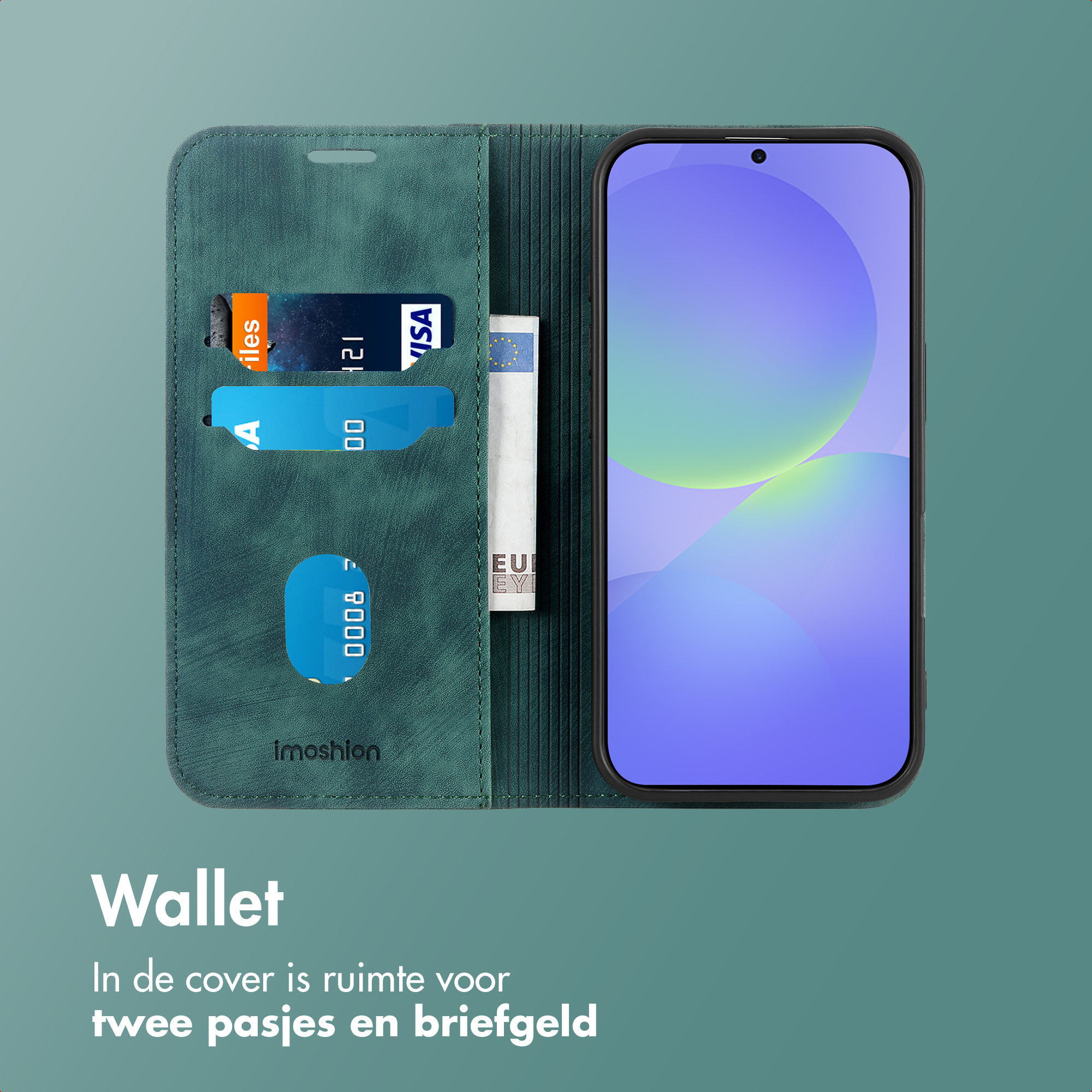 Groene telefoonportemonnee met creditcards, een rekening en een smartphone met een blauw en geel scherm.
