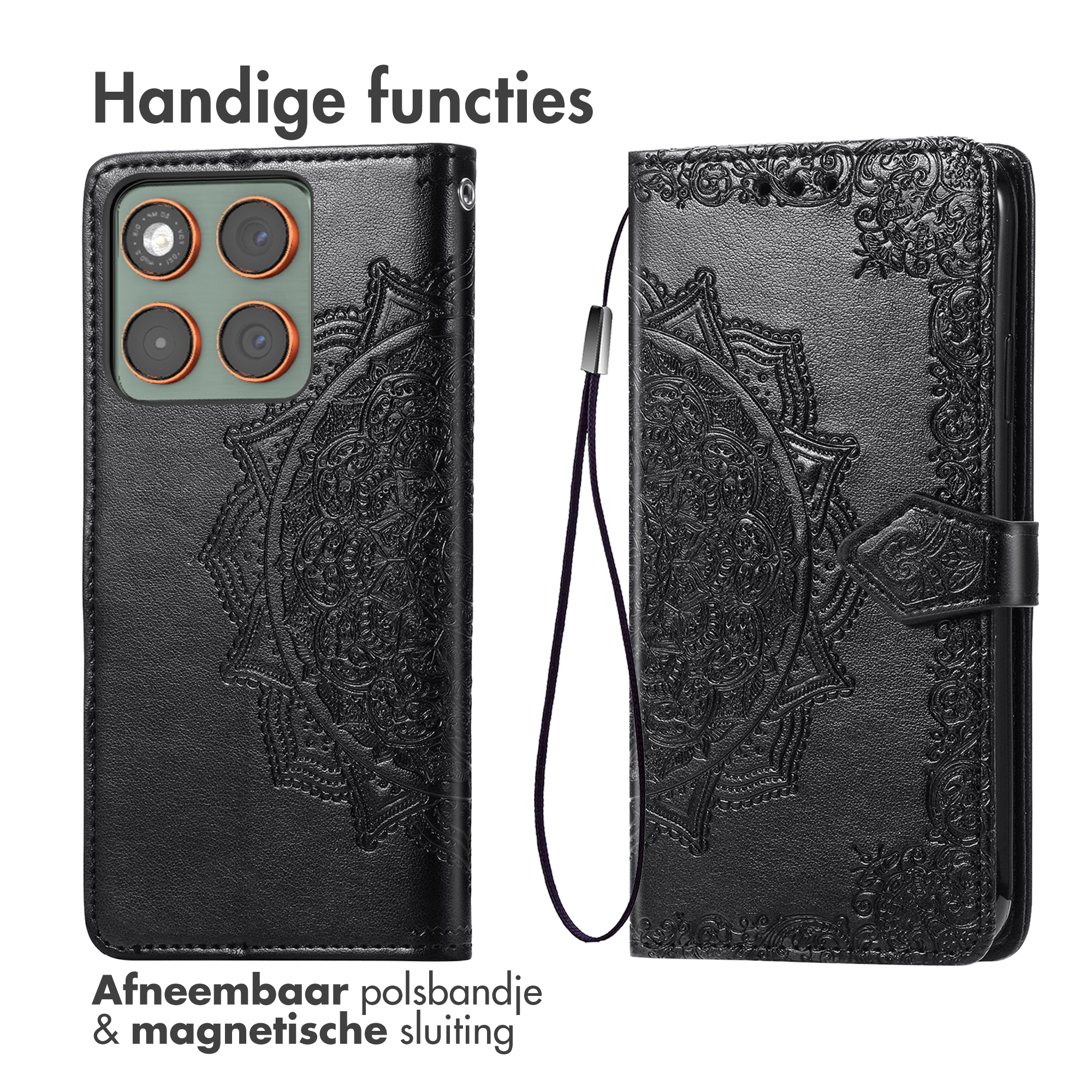 Zwarte telefoonhoes met decoratief patroon. Het heeft een polsbandje en magnetische sluiting. Vier cameralenzen zijn zichtbaar.