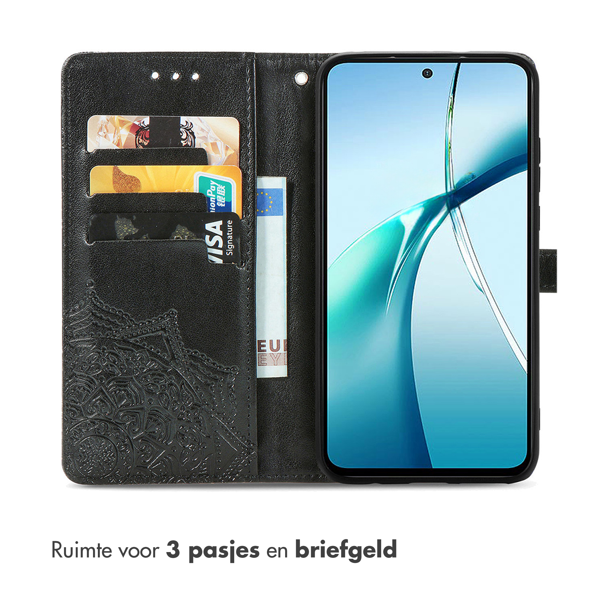 Zwarte telefoonhoes met kaartsleuven. Aan de rechterkant een telefoon. De hoes heeft een bloemenmotief.