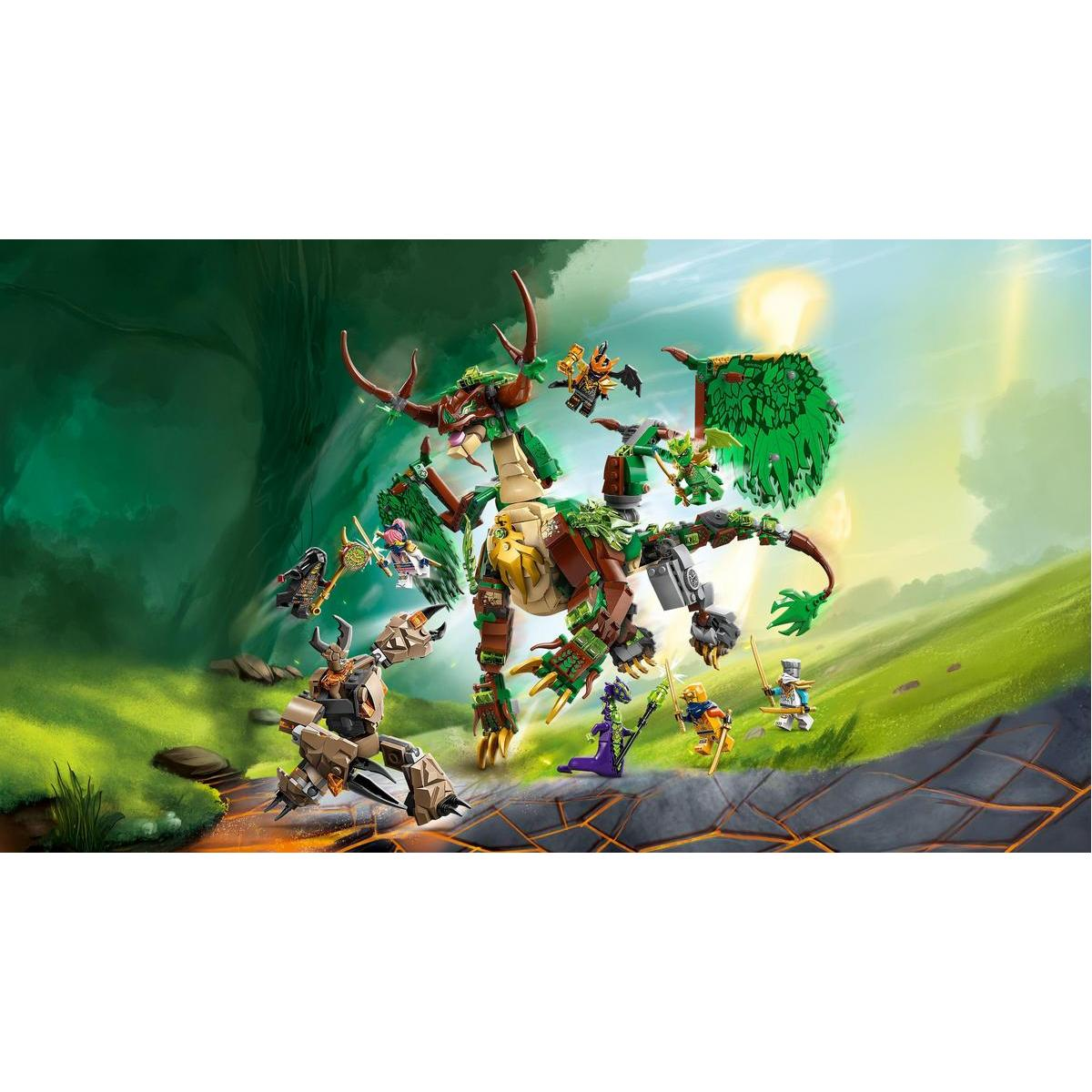 Zestaw LEGO z dużym smokiem, kilkoma minifigurkami i skalistym tłem z wodospadem.