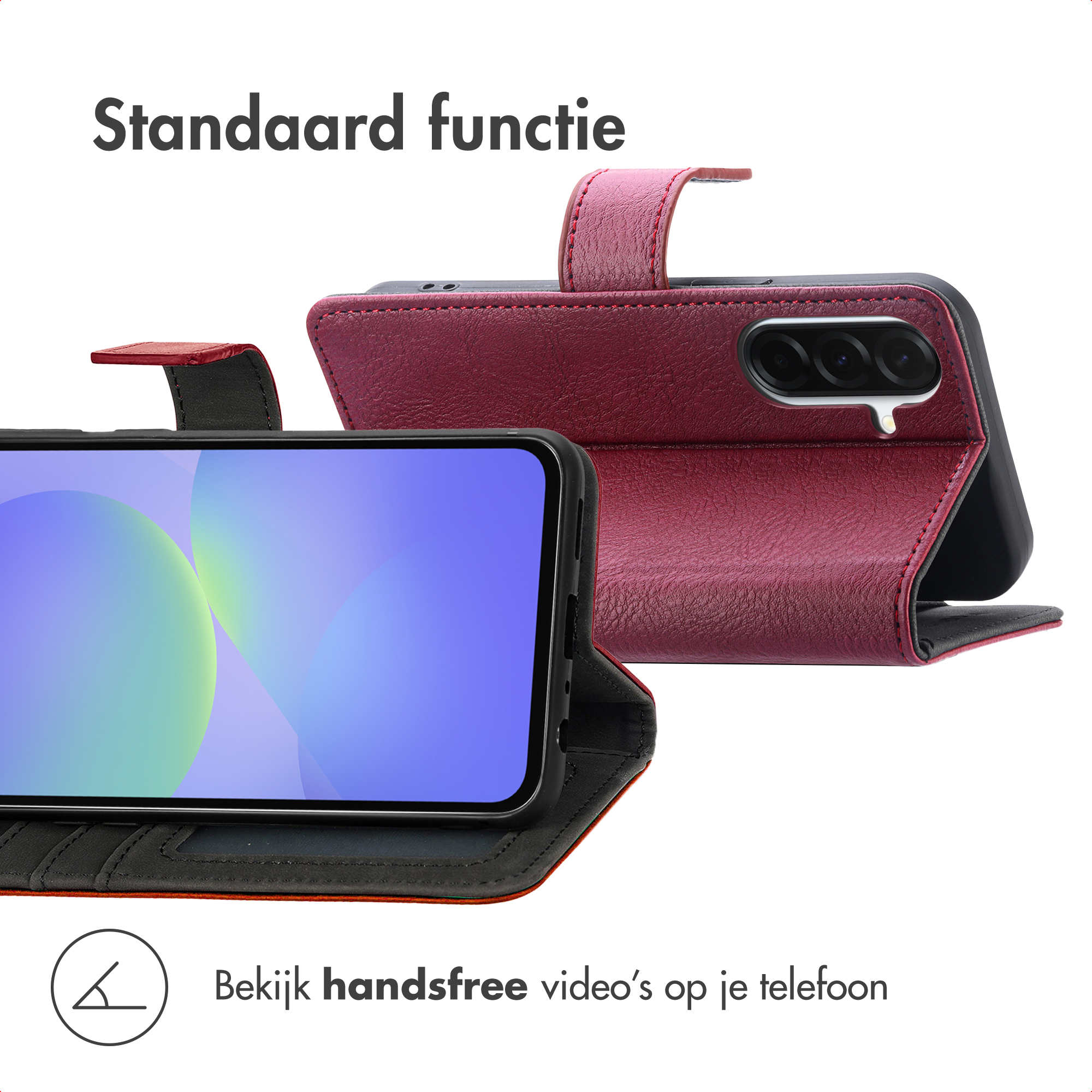 Een telefoonhoesje met een telefoon erin. Het hoesje is kastanjebruin. De telefoon heeft een blauw en groen scherm.