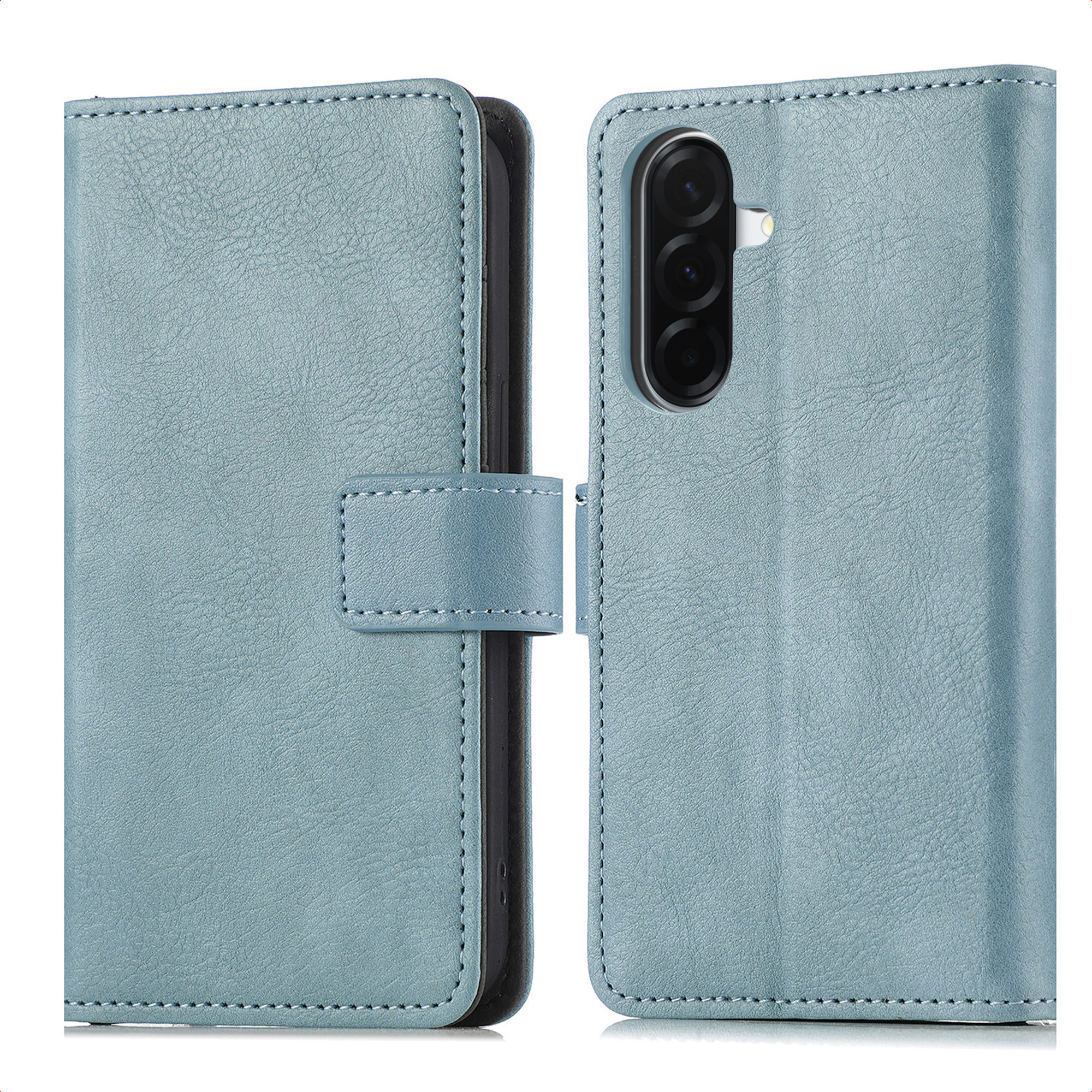 Étui de téléphone en cuir bleu clair, ouvert. Montre la caméra du téléphone, l'étui a une fermeture magnétique.