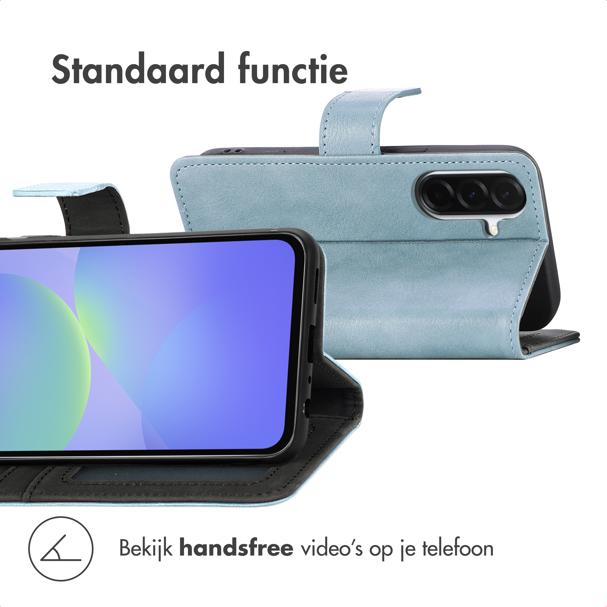 Un téléphone dans un étui bleu avec un écran. L'étui est ouvert, montrant l'écran et la caméra du téléphone.