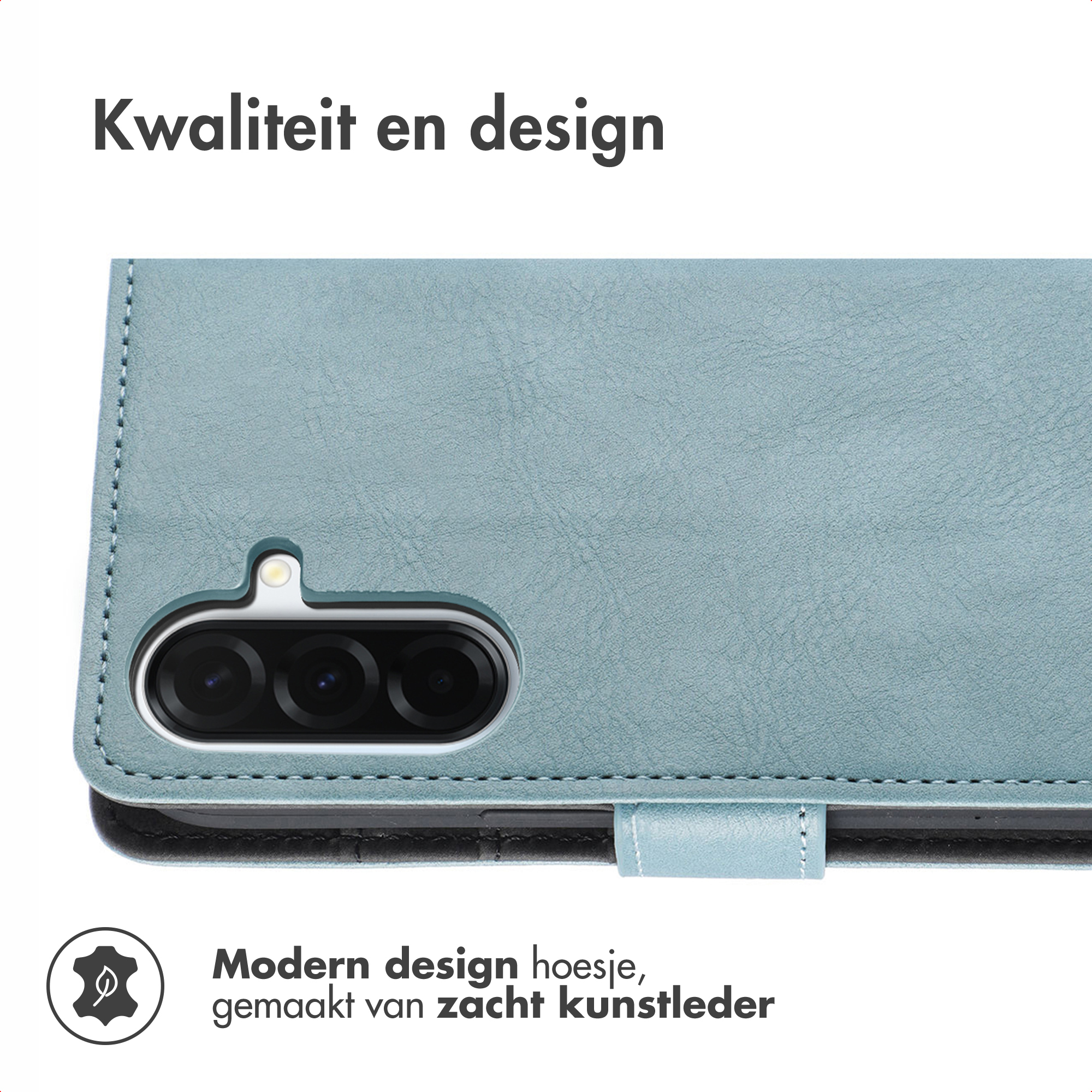 Étui de téléphone bleu avec plusieurs caméras. Texte: 'Kwaliteit en design' et 'Coque design moderne, en similicuir souple'.
