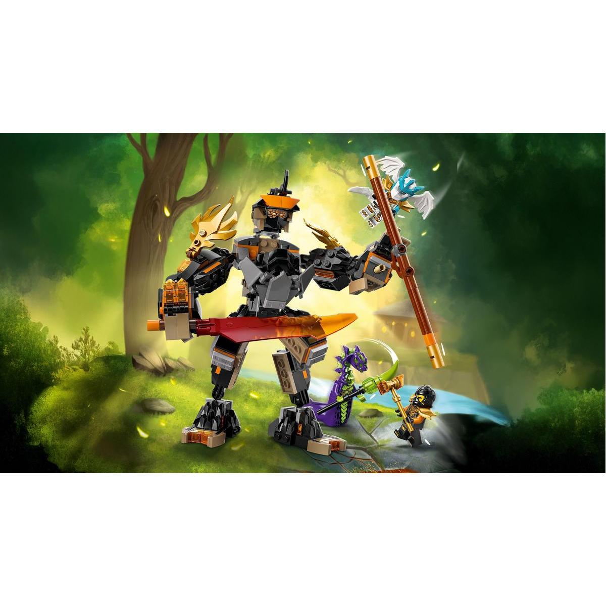 Duża figura robota z czerwonym mieczem i laską, dwie mniejsze figurki i fioletowe stworzenie podobne do smoka w lesie.