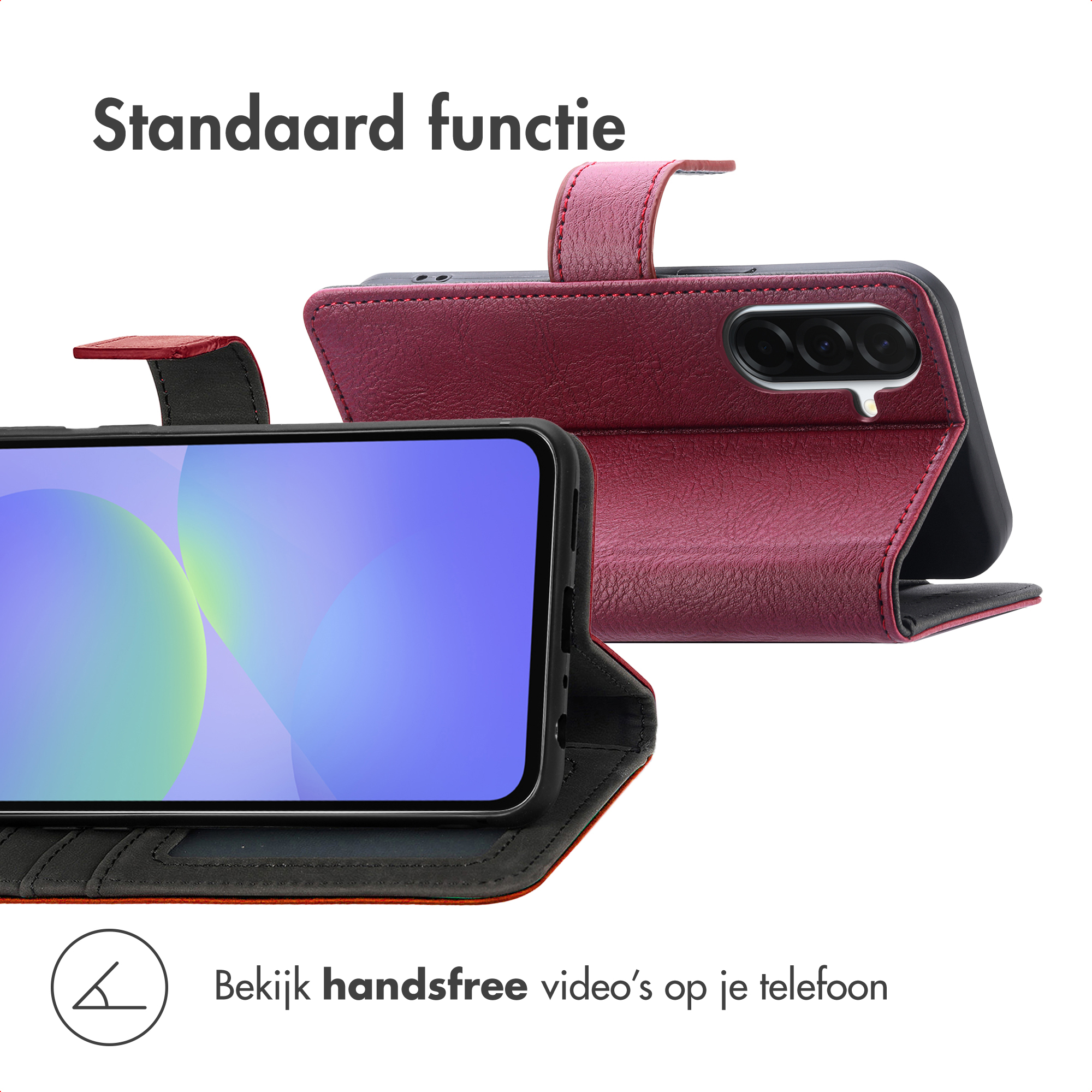 Un téléphone dans un étui rouge est affiché. L'étui est ouvert et l'écran du téléphone est visible, montrant un dégradé bleu.