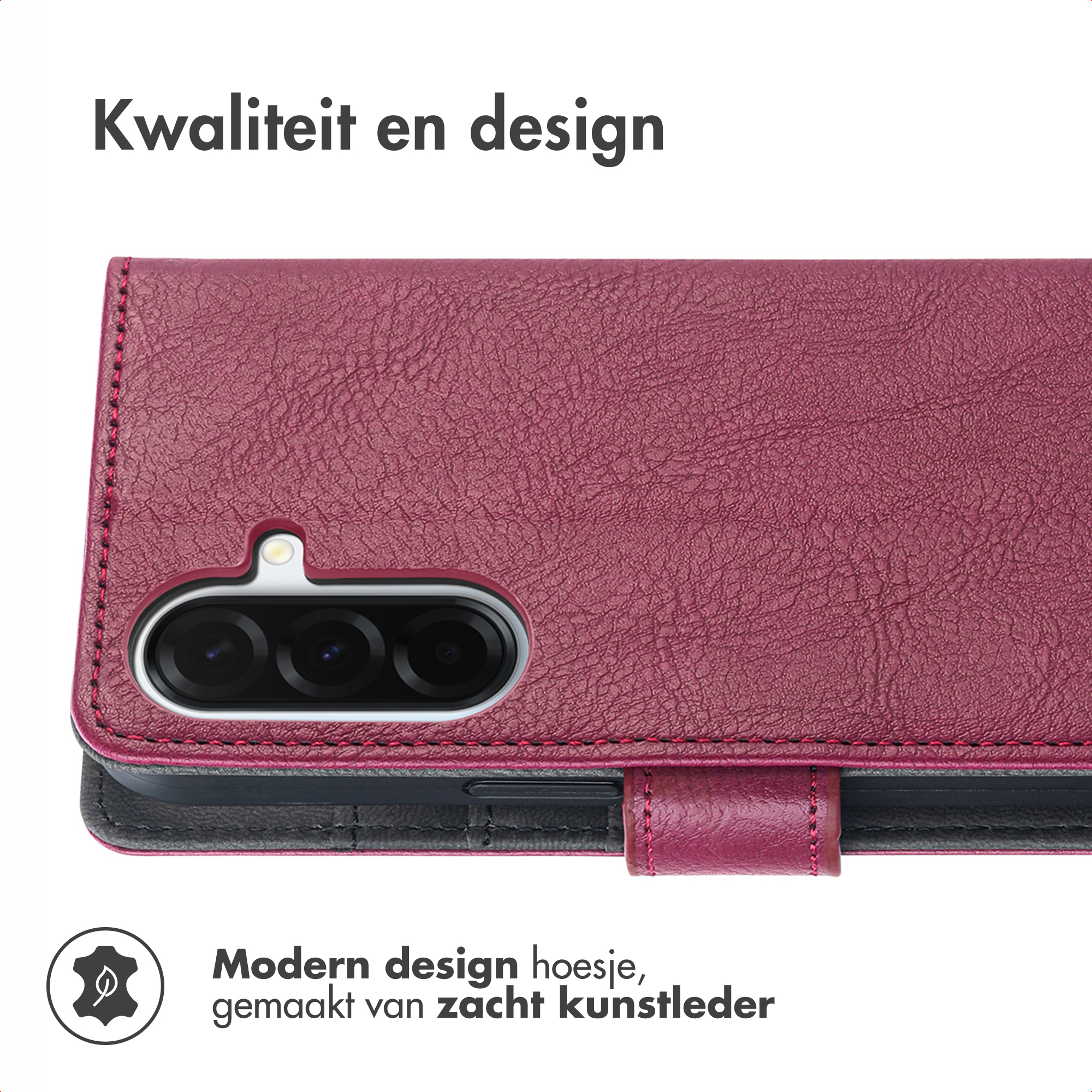 Un étui de téléphone bordeaux avec une découpe pour l'appareil photo, des bords cousus et une fermeture. En similicuir souple.